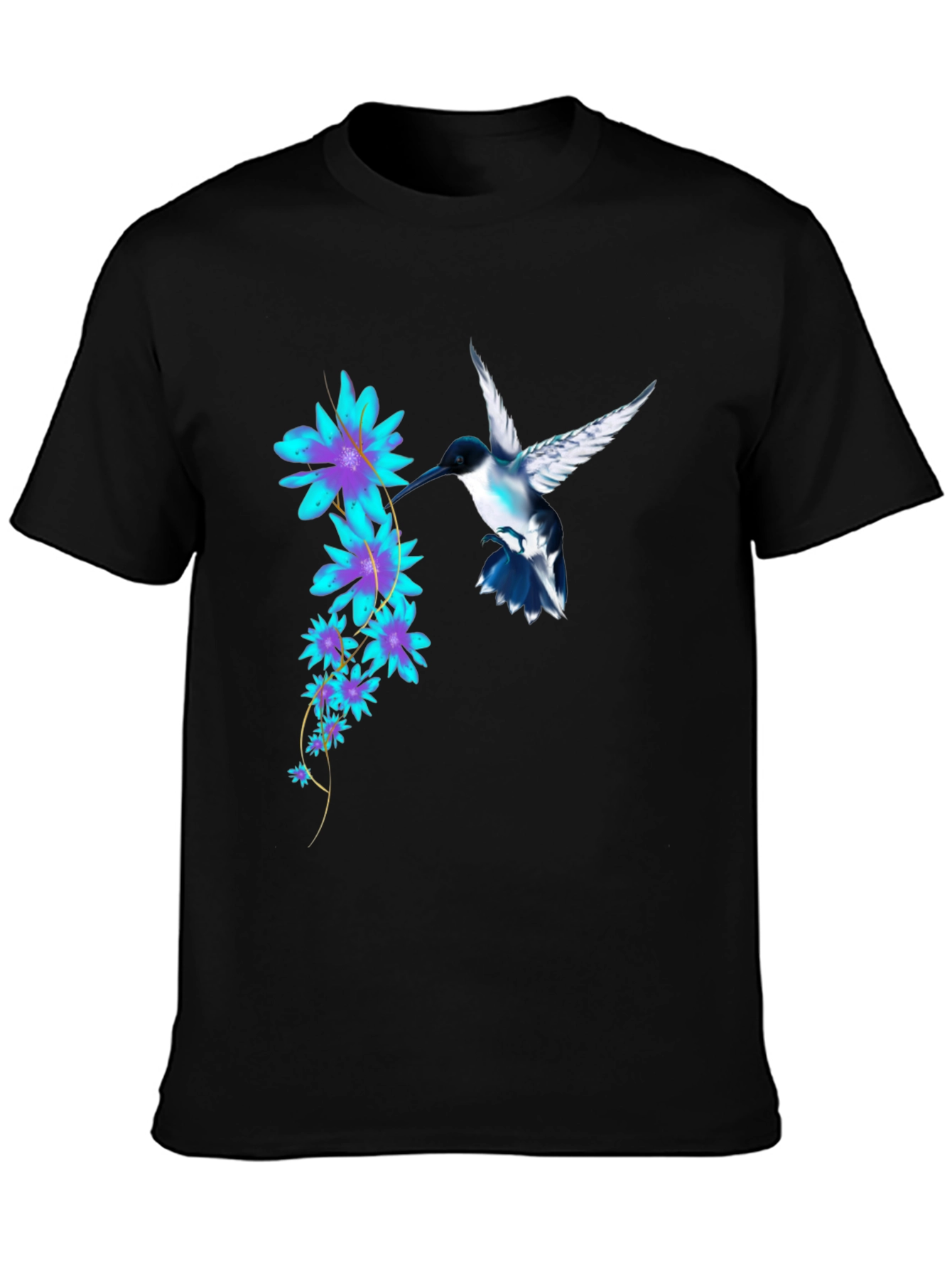 Hummingbird & Floral Print Black T-Shirt