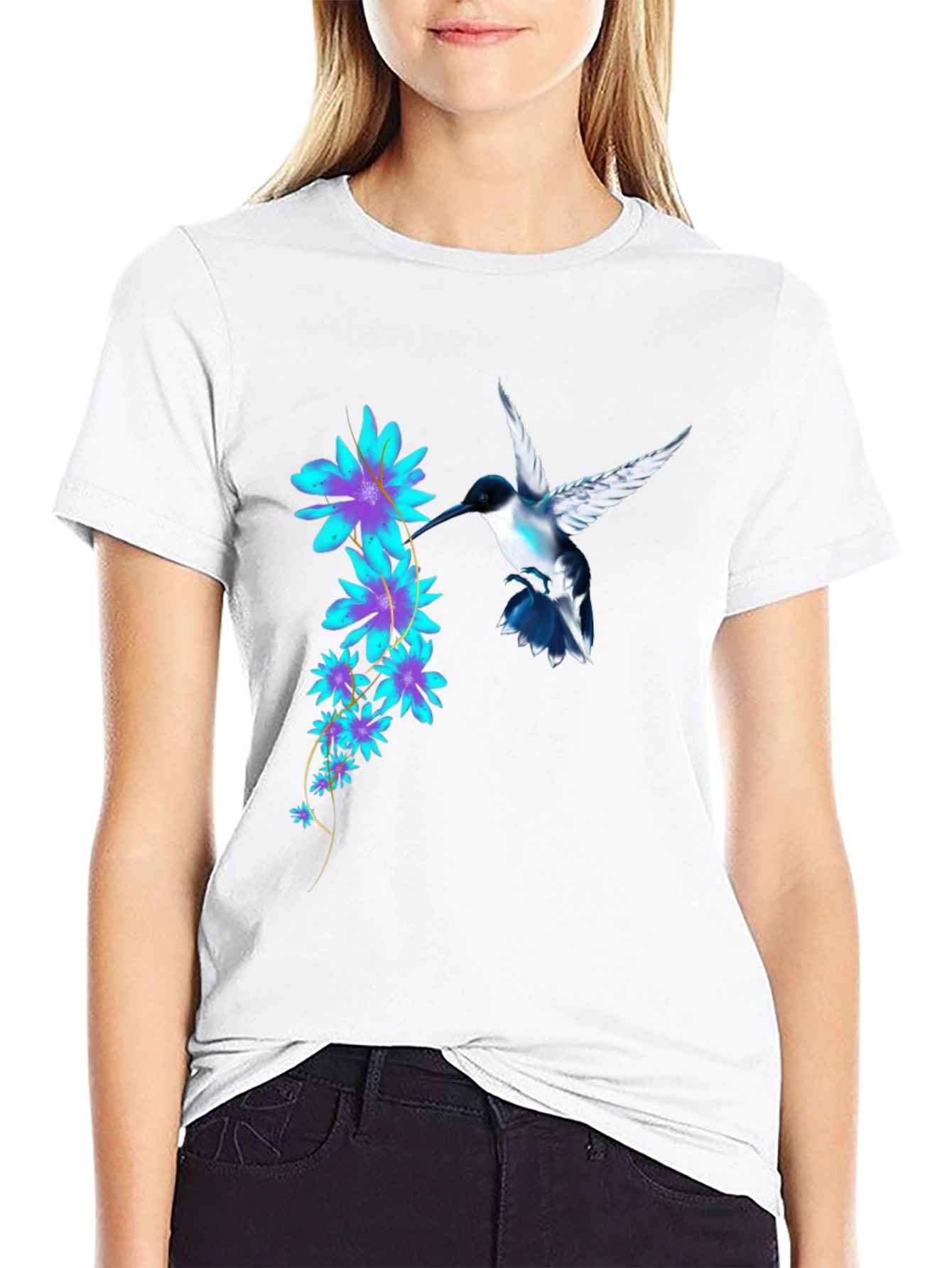 Hummingbird & Floral Print Black T-Shirt