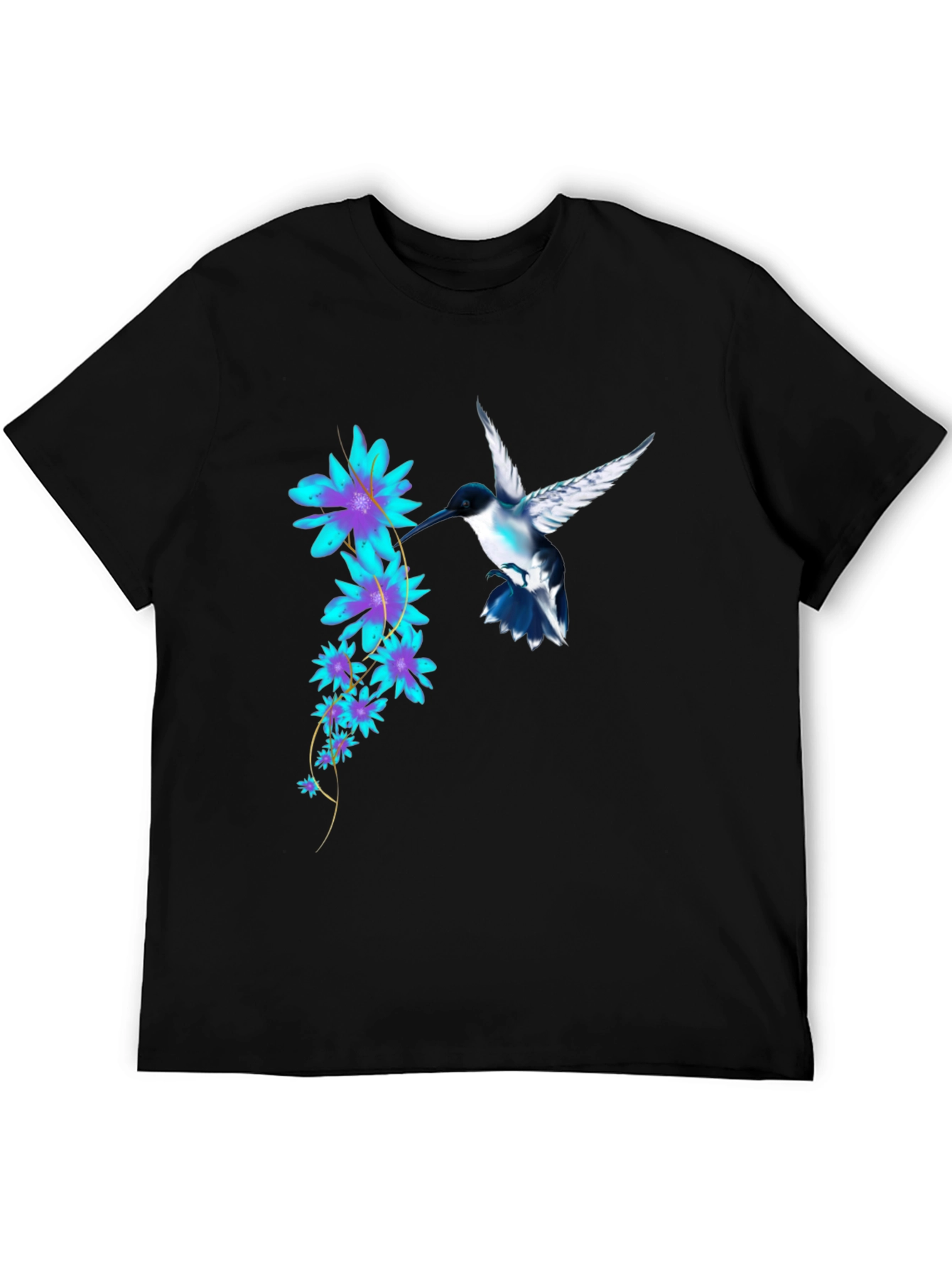 Hummingbird & Floral Print Black T-Shirt