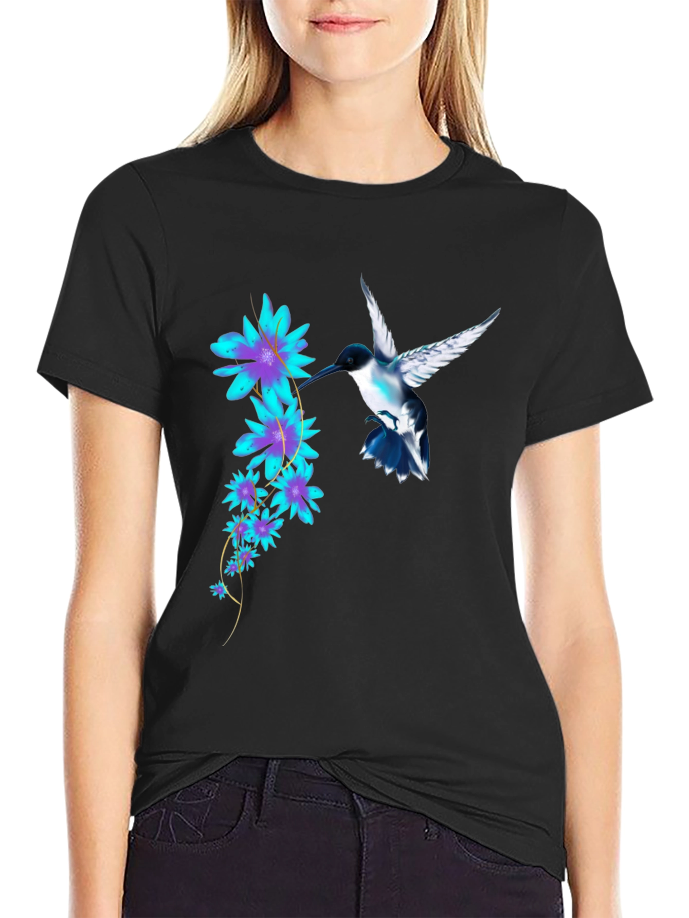 Hummingbird & Floral Print Black T-Shirt