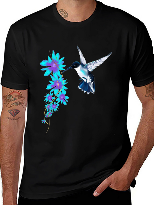 Hummingbird & Floral Print Black T-Shirt