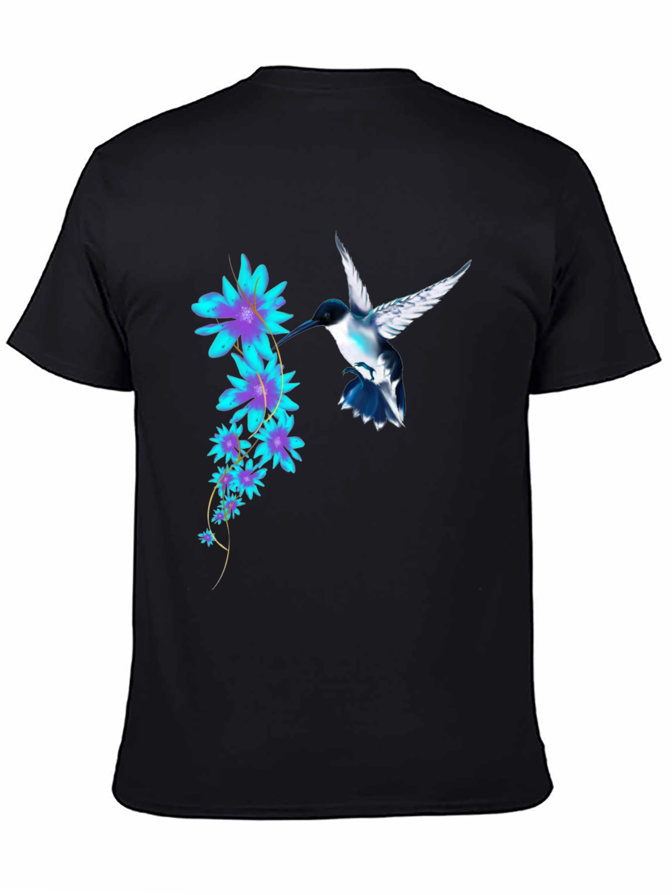 Hummingbird & Floral Print Black T-Shirt