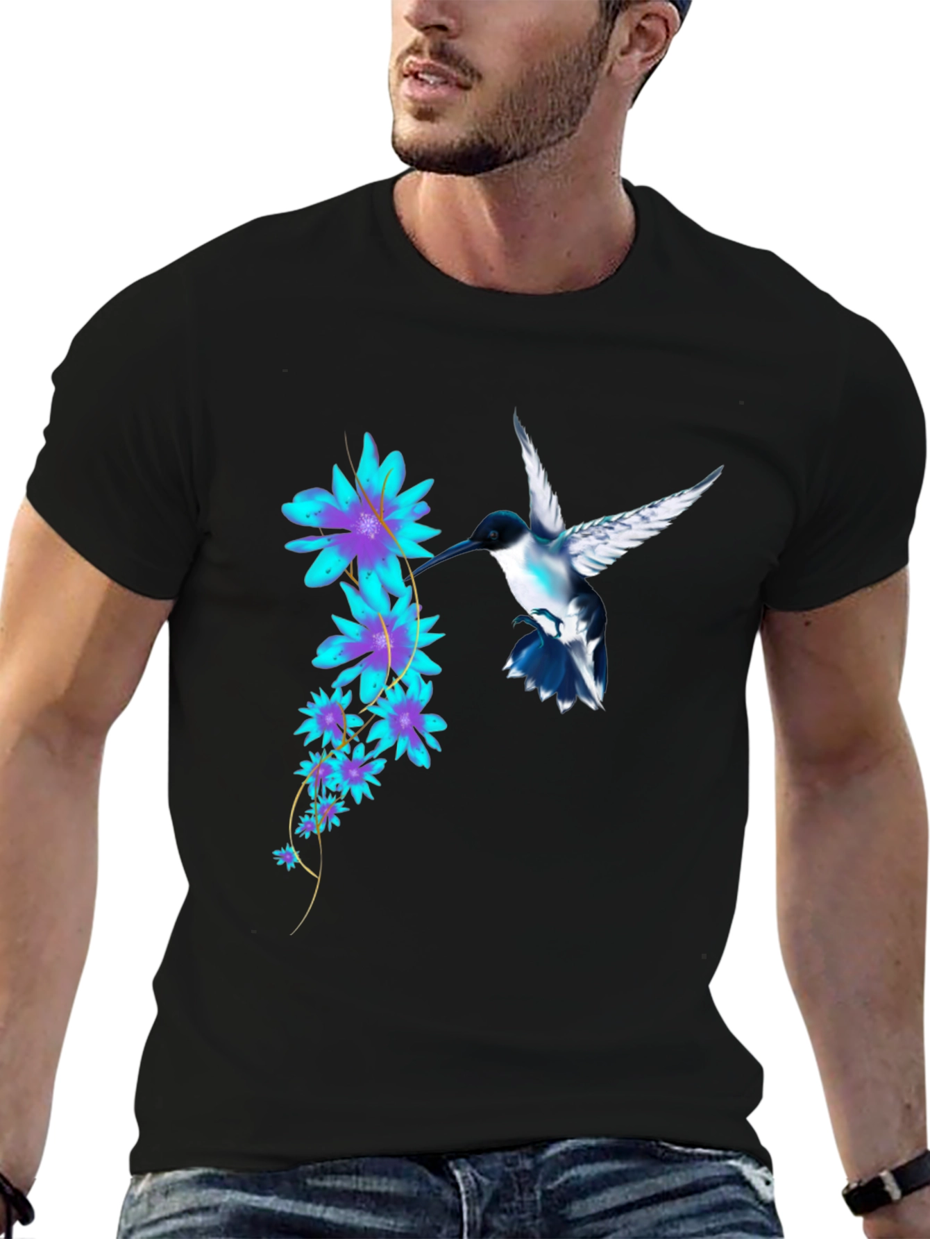 Hummingbird & Floral Print Black T-Shirt