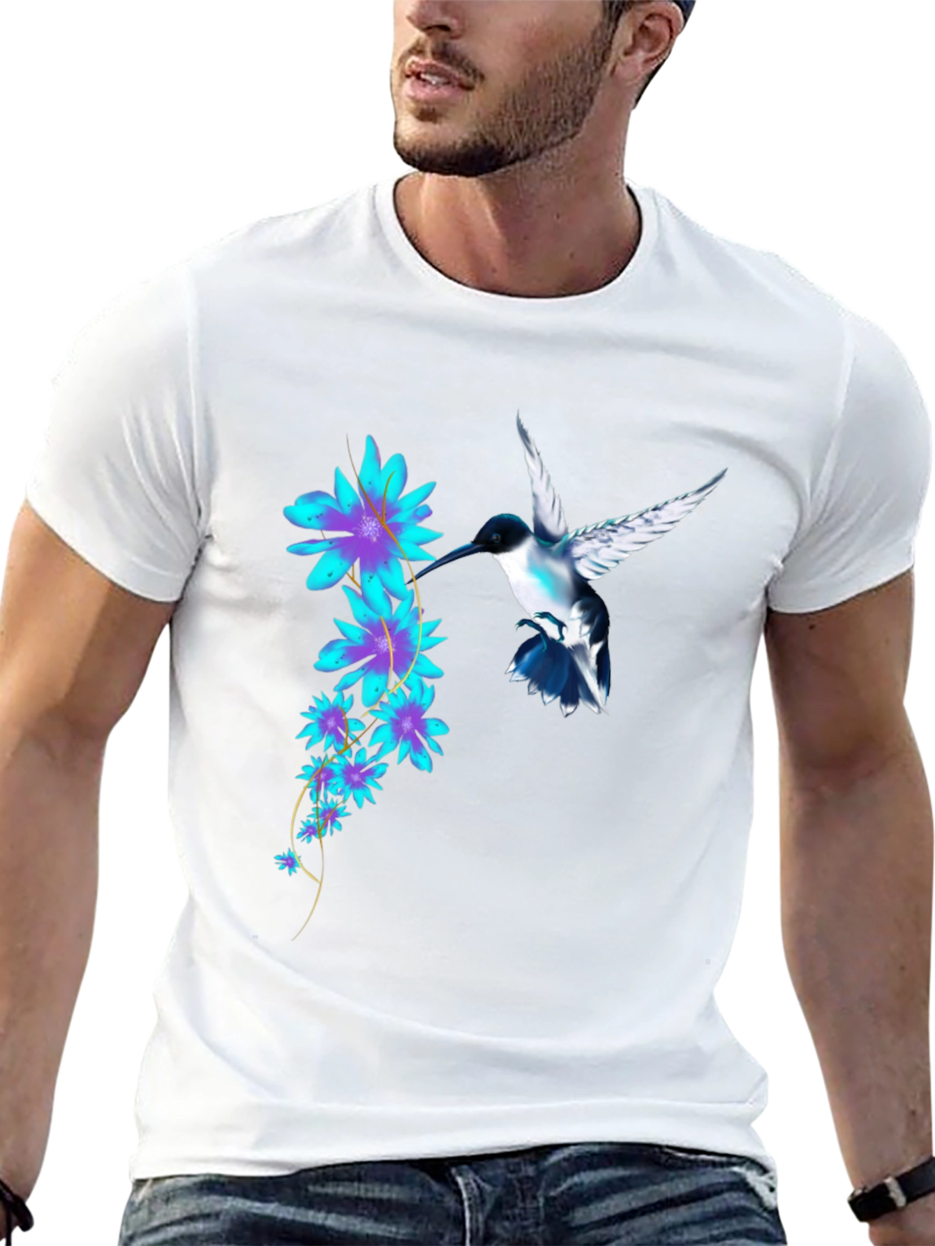 Hummingbird & Floral Print Black T-Shirt