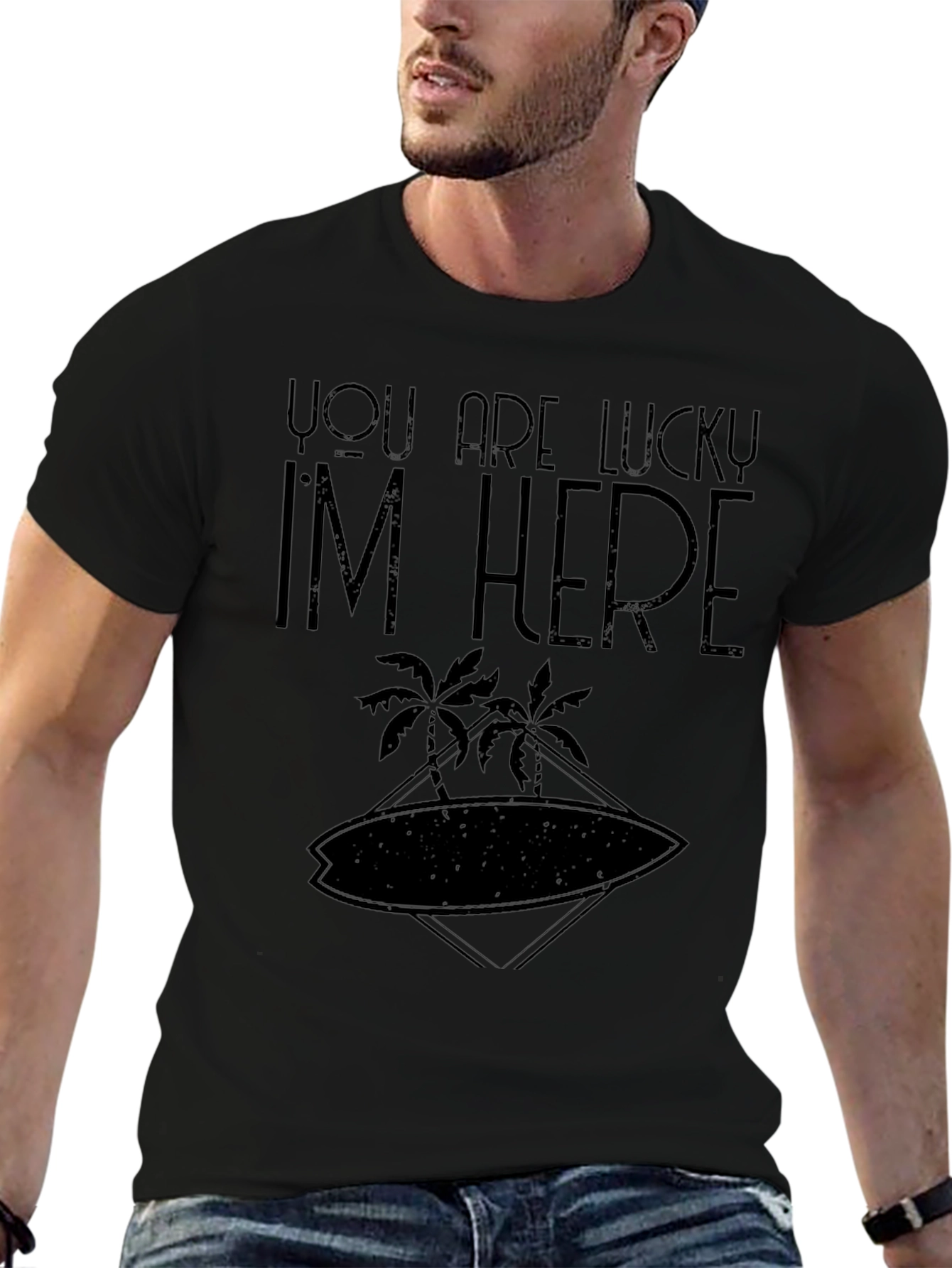 Lucky Im Here T-Shirt - Palm Tree Surfboard Design