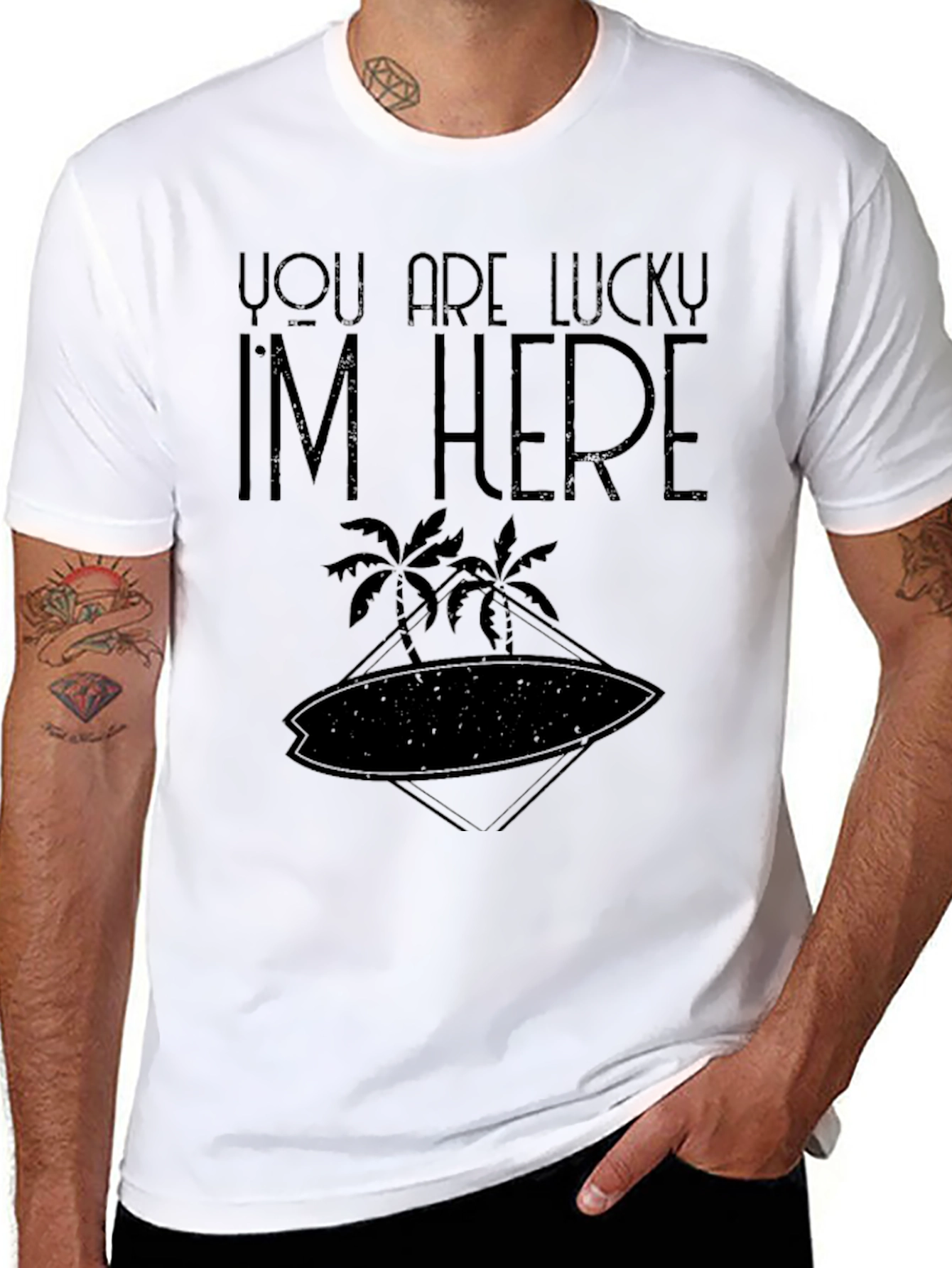 Lucky Im Here T-Shirt - Palm Tree Surfboard Design