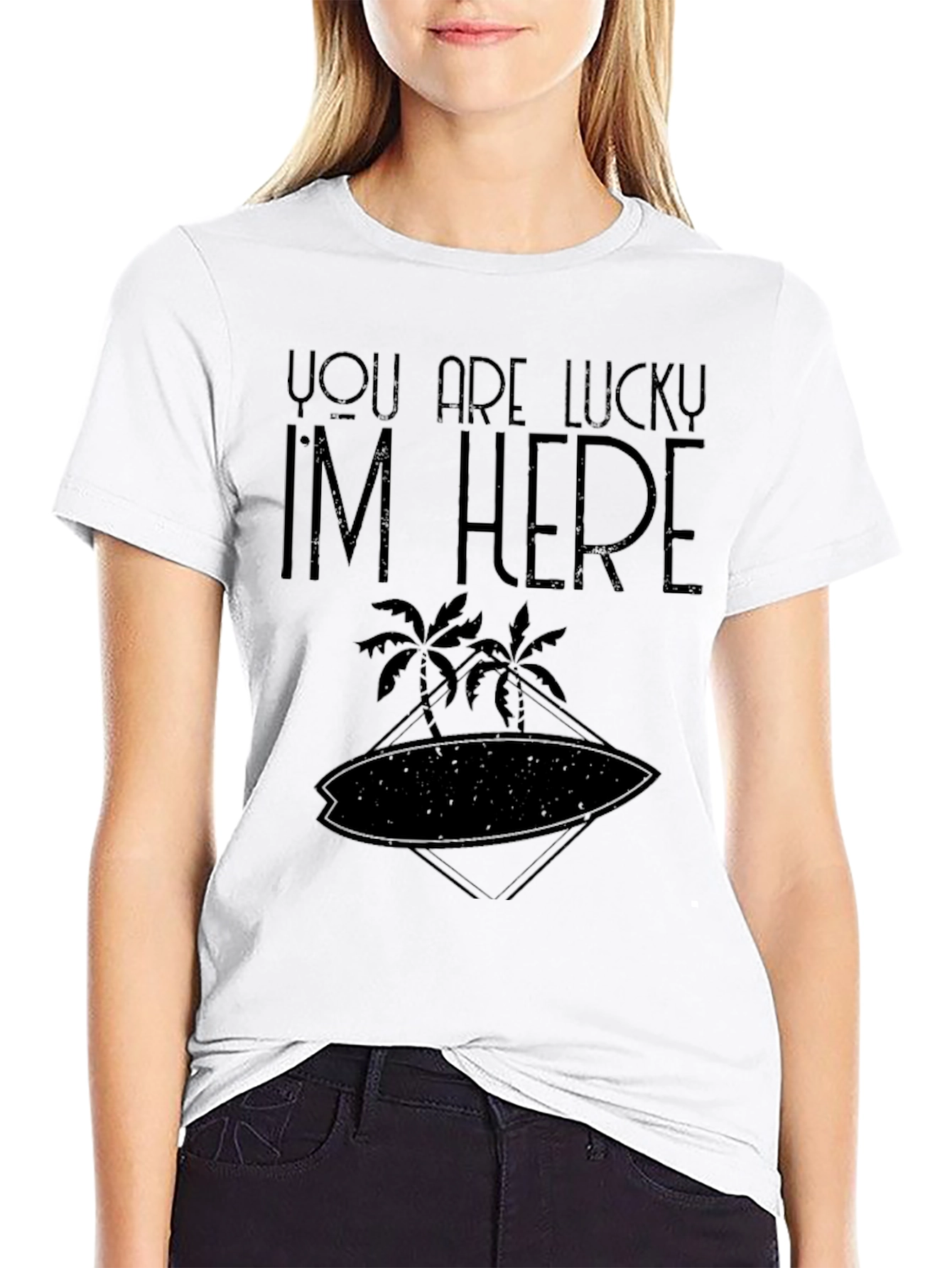 Lucky Im Here T-Shirt - Palm Tree Surfboard Design