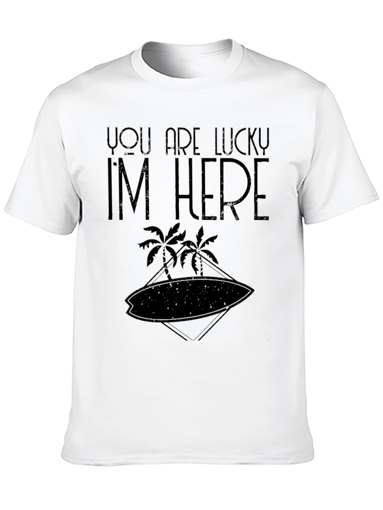 Lucky Im Here T-Shirt - Palm Tree Surfboard Design