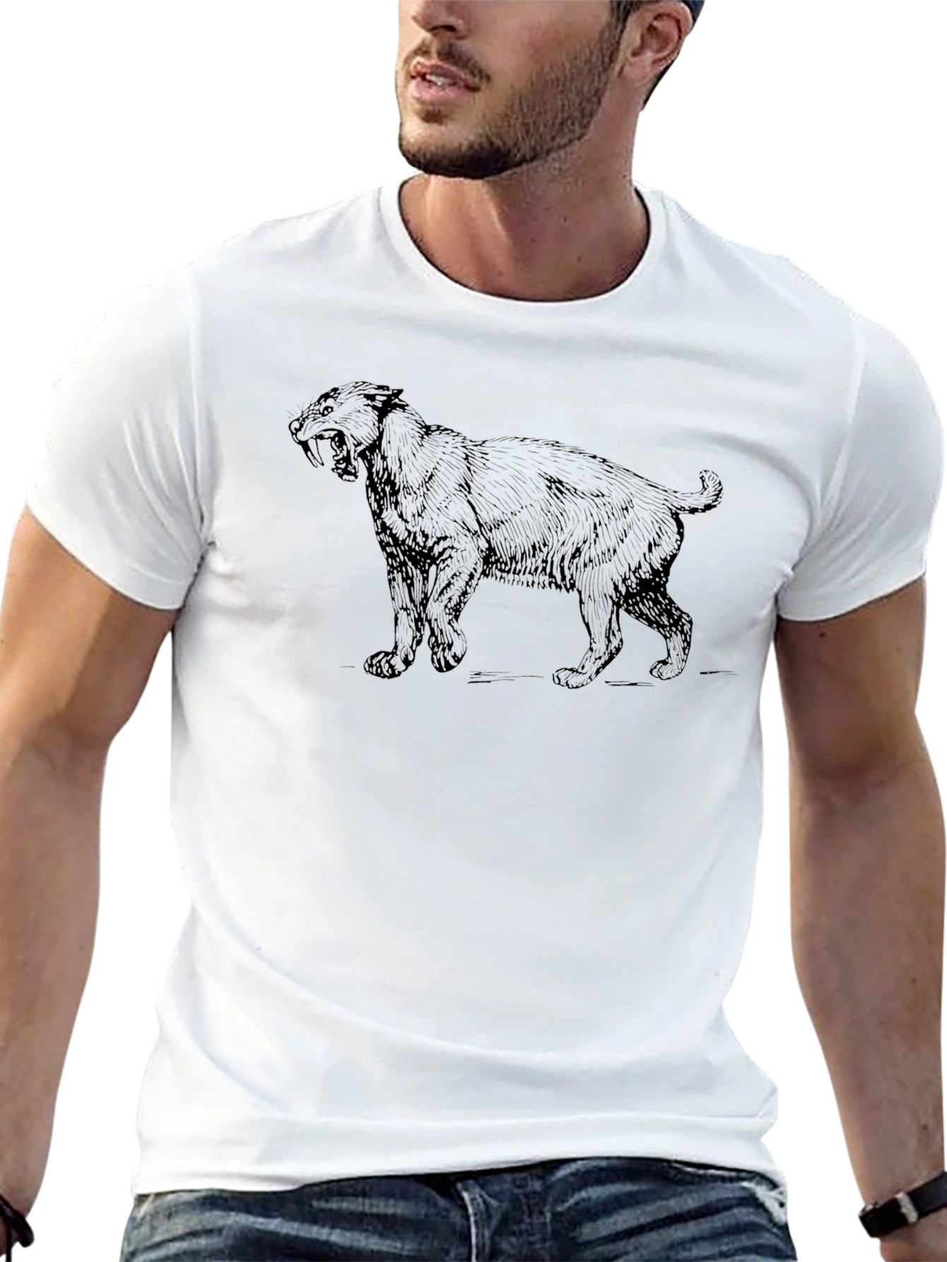 Black T-Shirt with Saber-Toothed Tiger Graphic