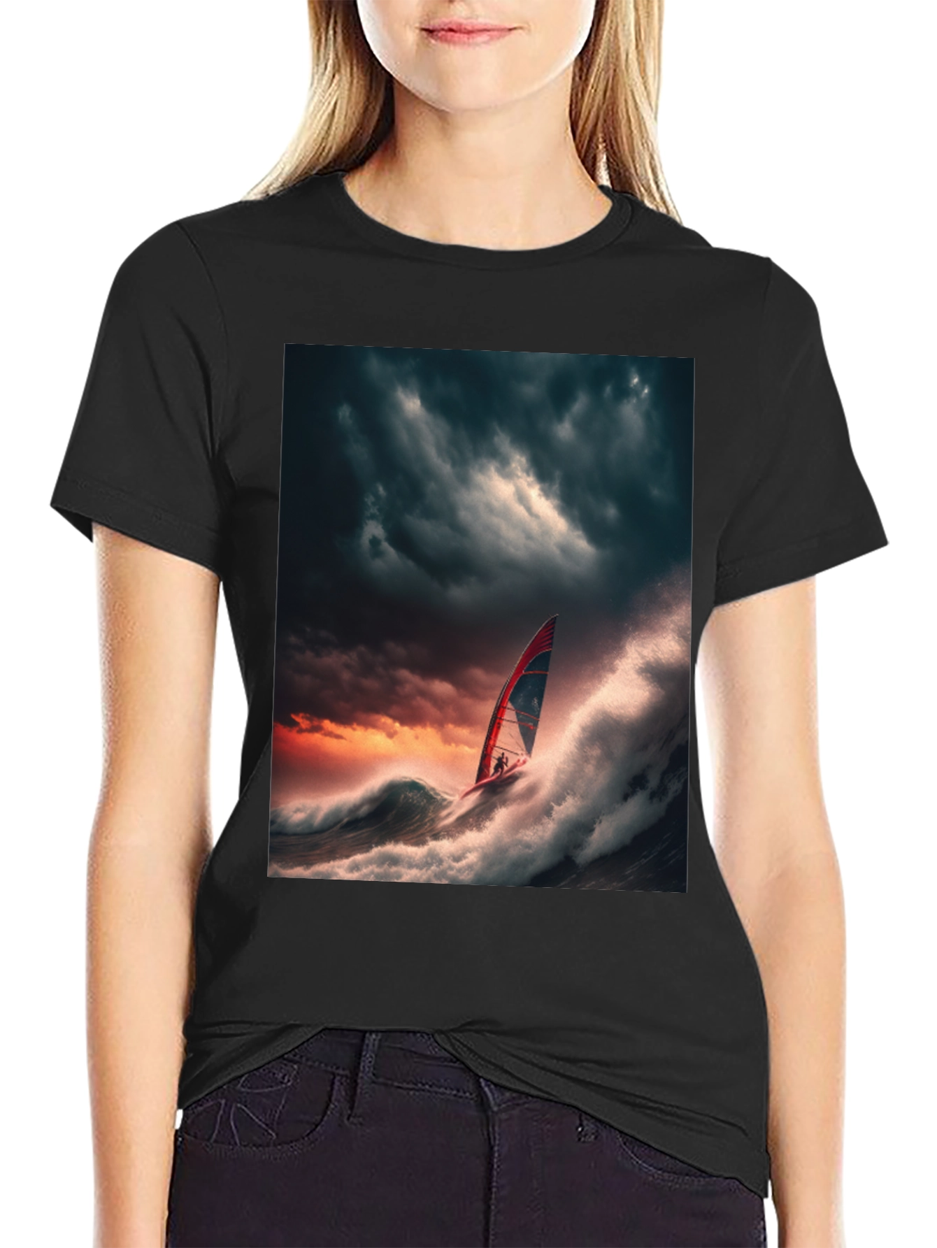 Stormy Seas Windsurfer Black T-Shirt