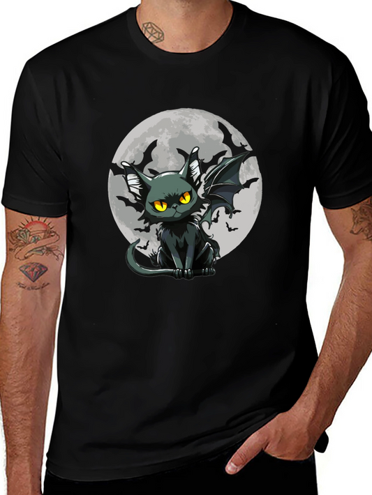 Bat Cat Moon Graphic Black T-Shirt