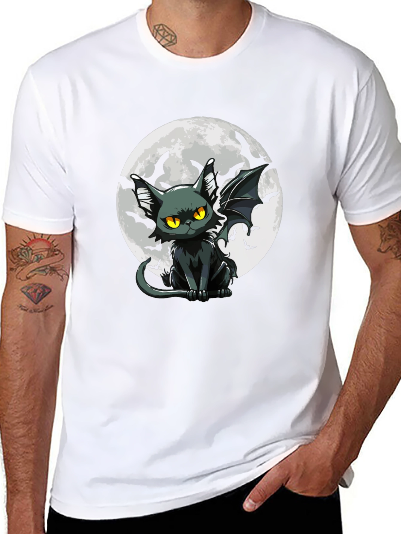 Bat Cat Moon Graphic Black T-Shirt