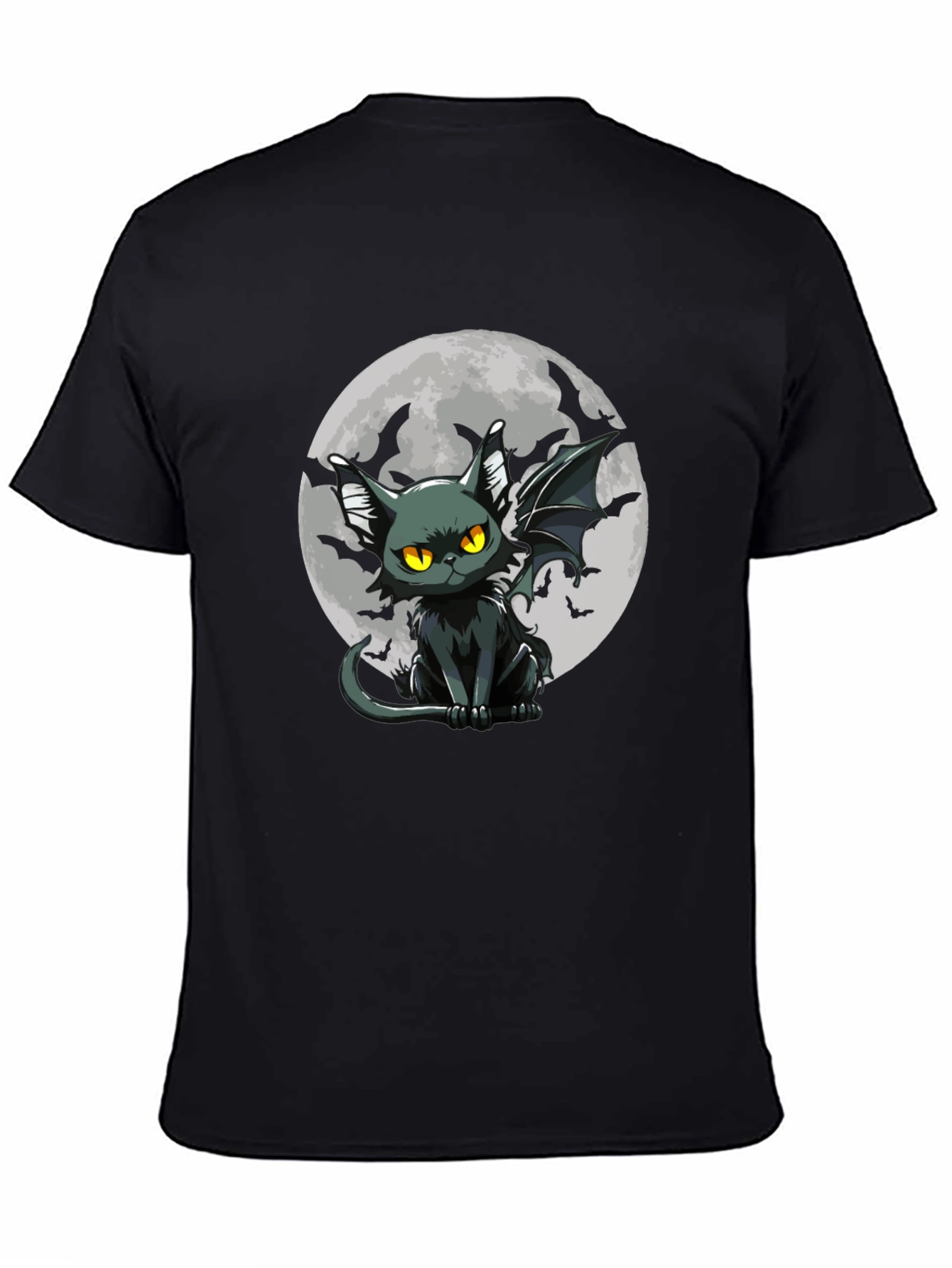 Bat Cat Moon Graphic Black T-Shirt