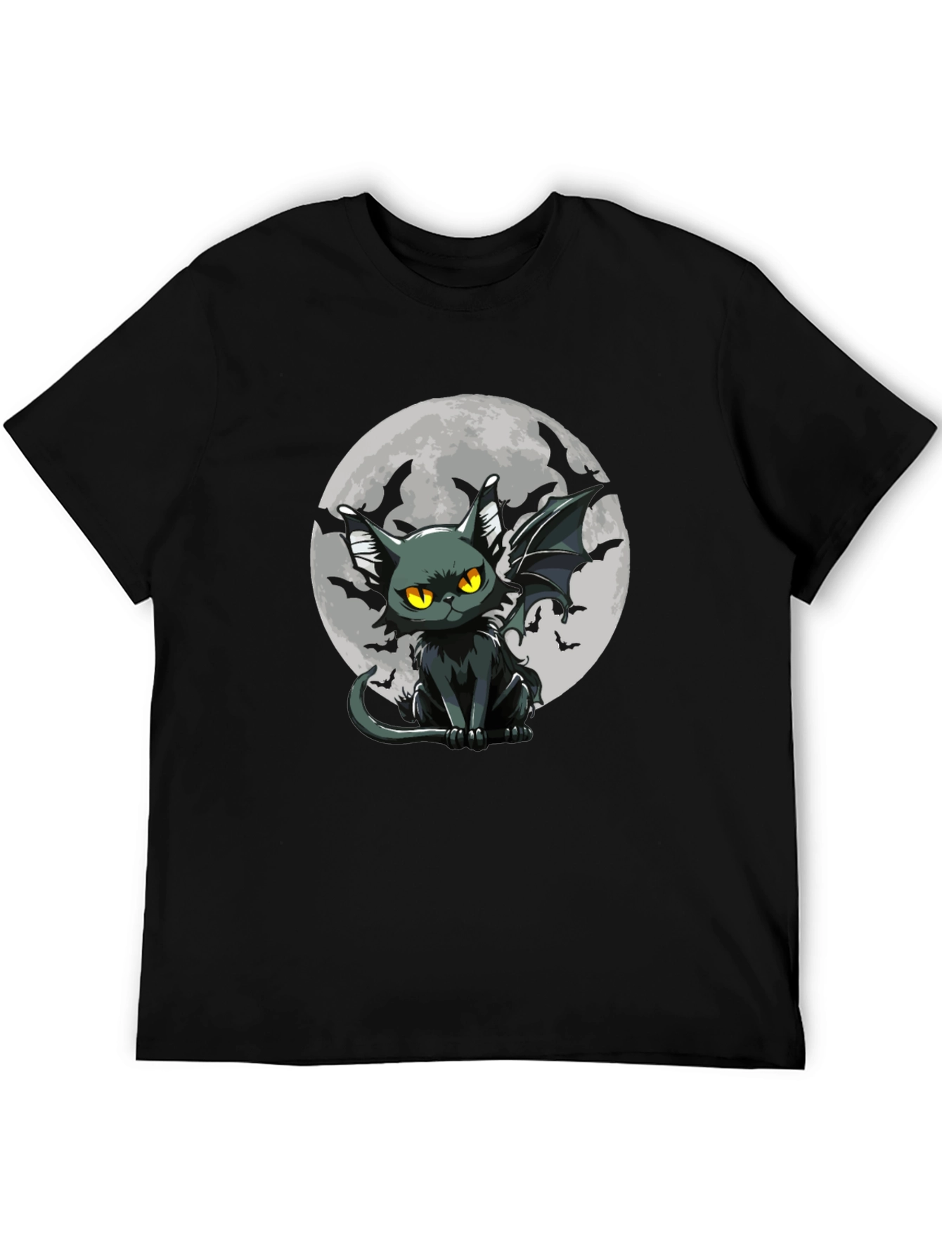 Bat Cat Moon Graphic Black T-Shirt
