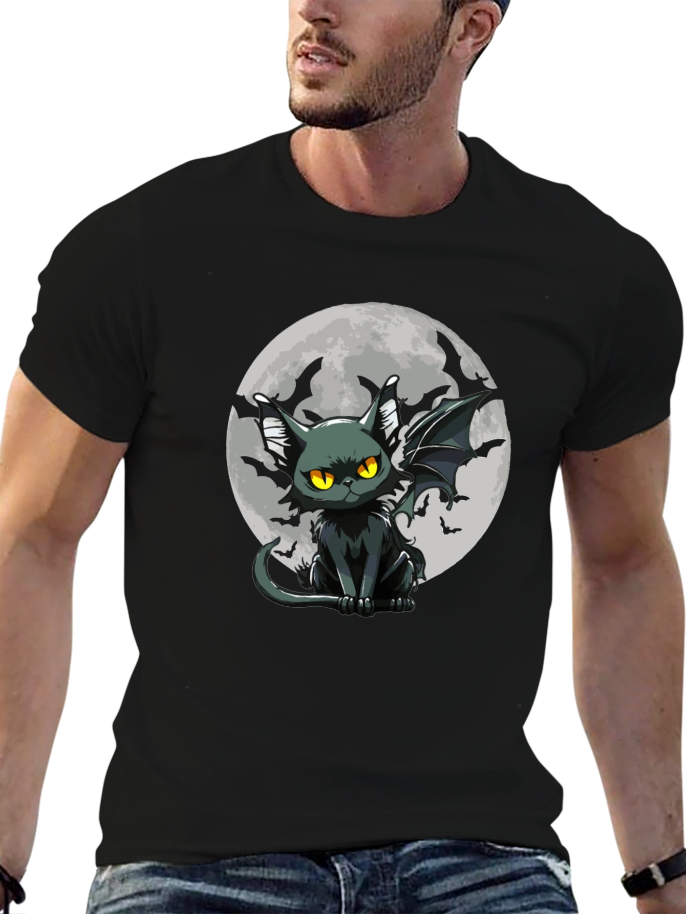 Bat Cat Moon Graphic Black T-Shirt