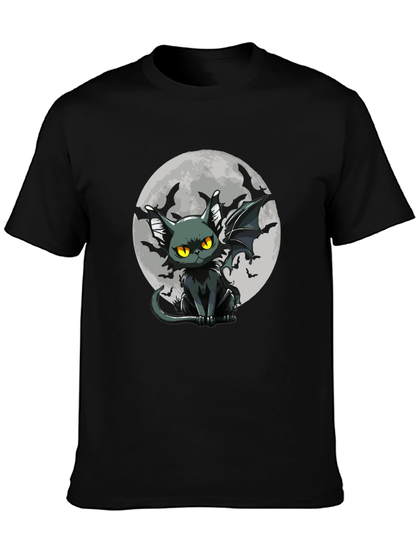 Bat Cat Moon Graphic Black T-Shirt