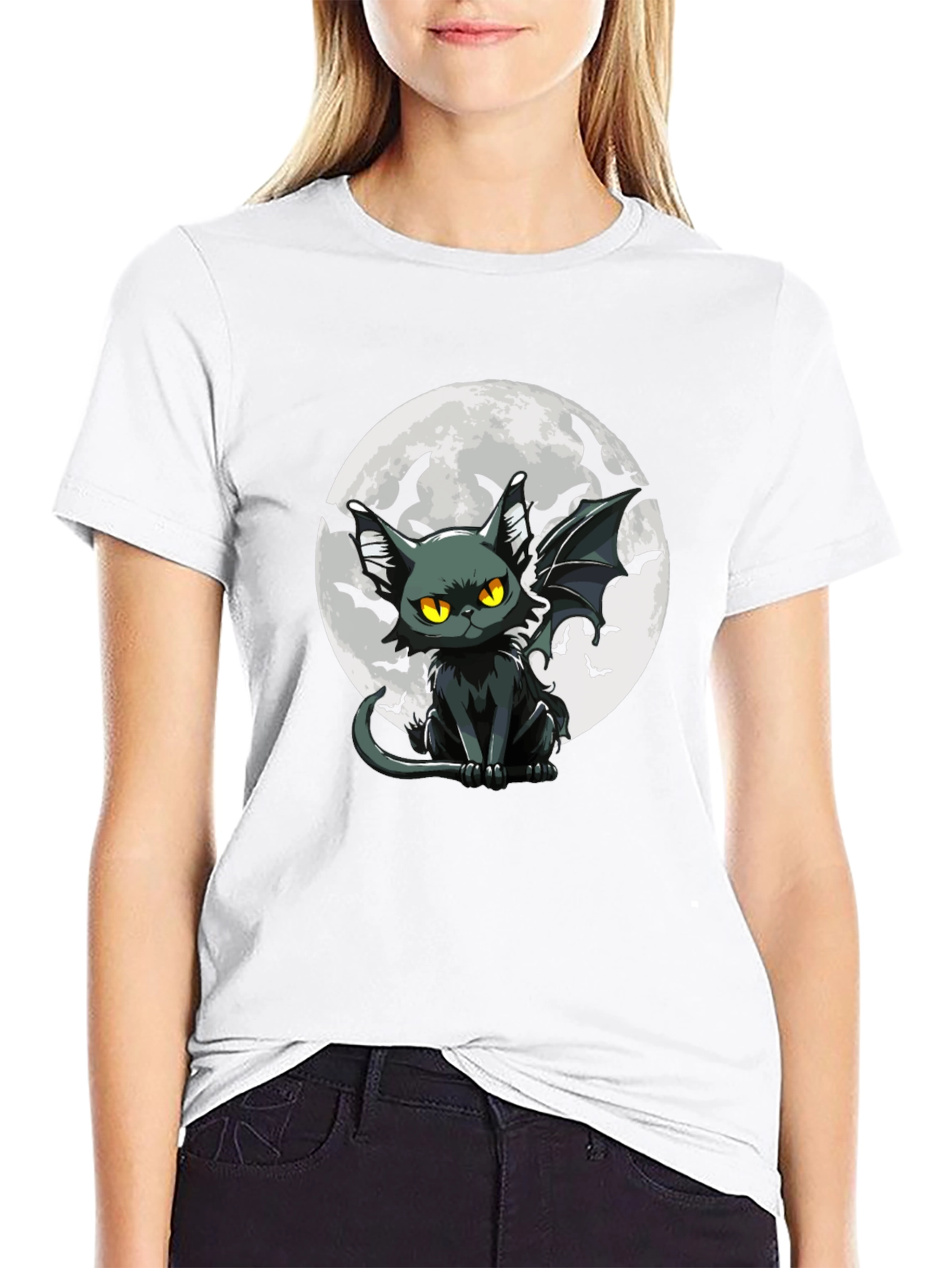 Bat Cat Moon Graphic Black T-Shirt