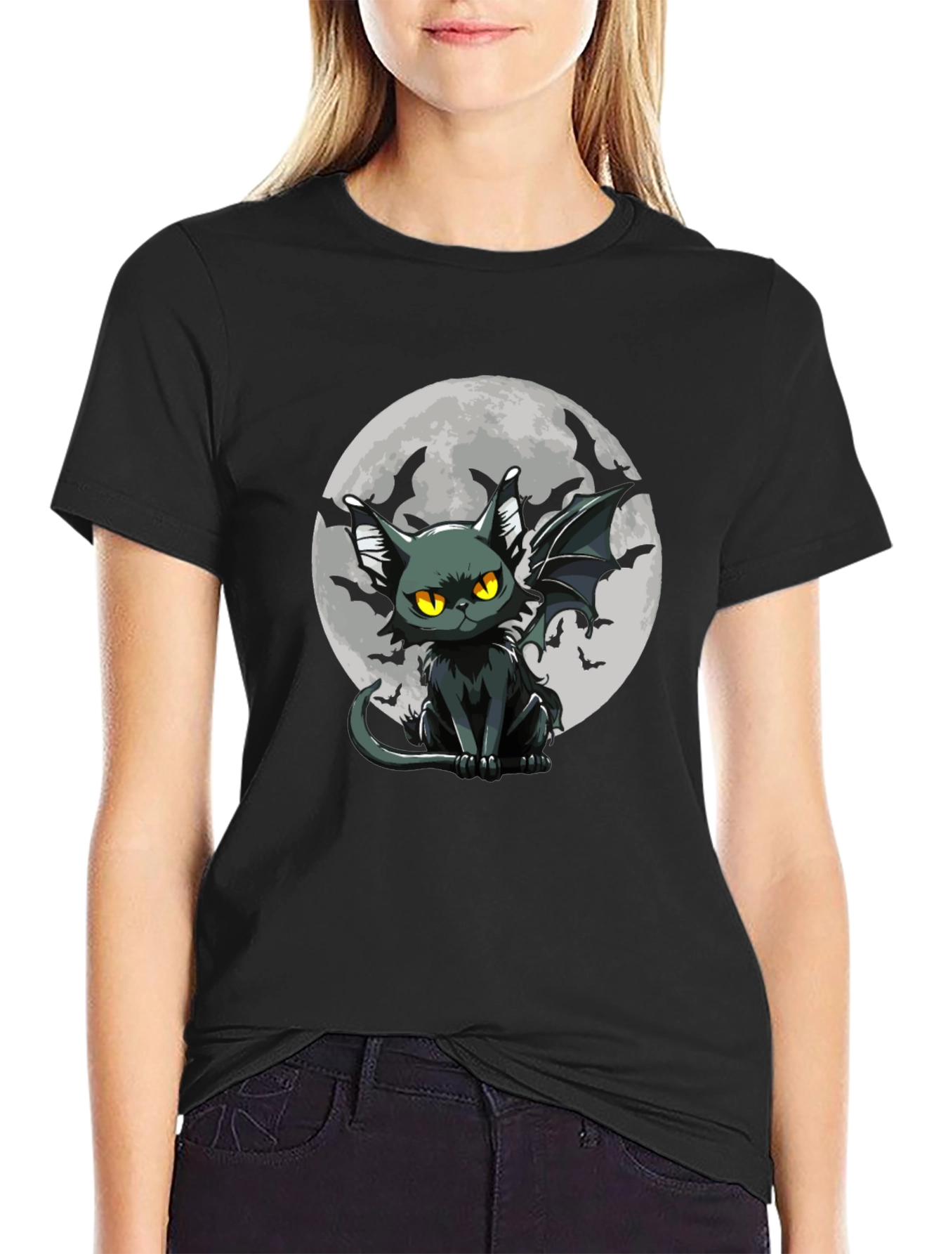 Bat Cat Moon Graphic Black T-Shirt