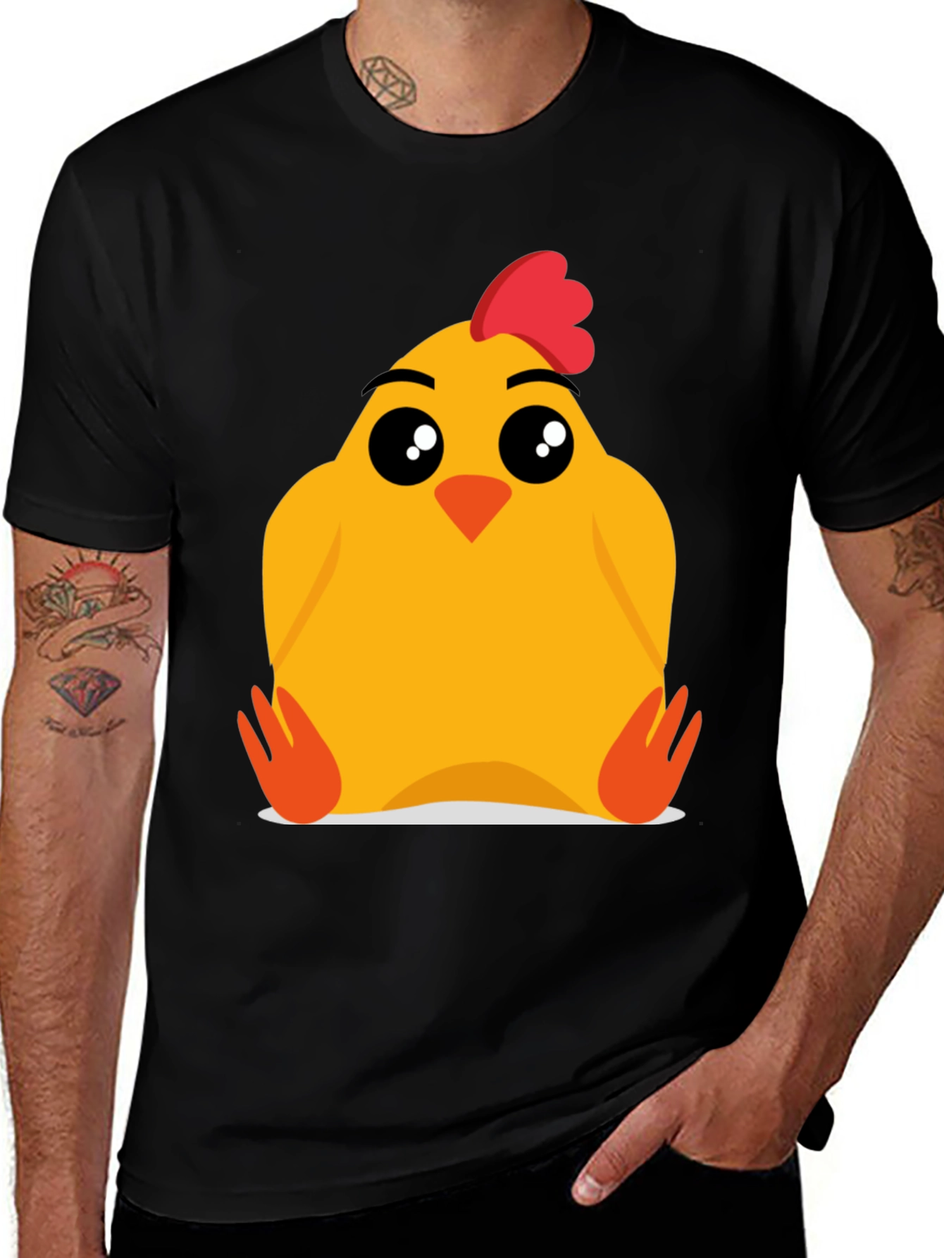 Cartoon Chicken Graphic Tee - Black Cotton Blend