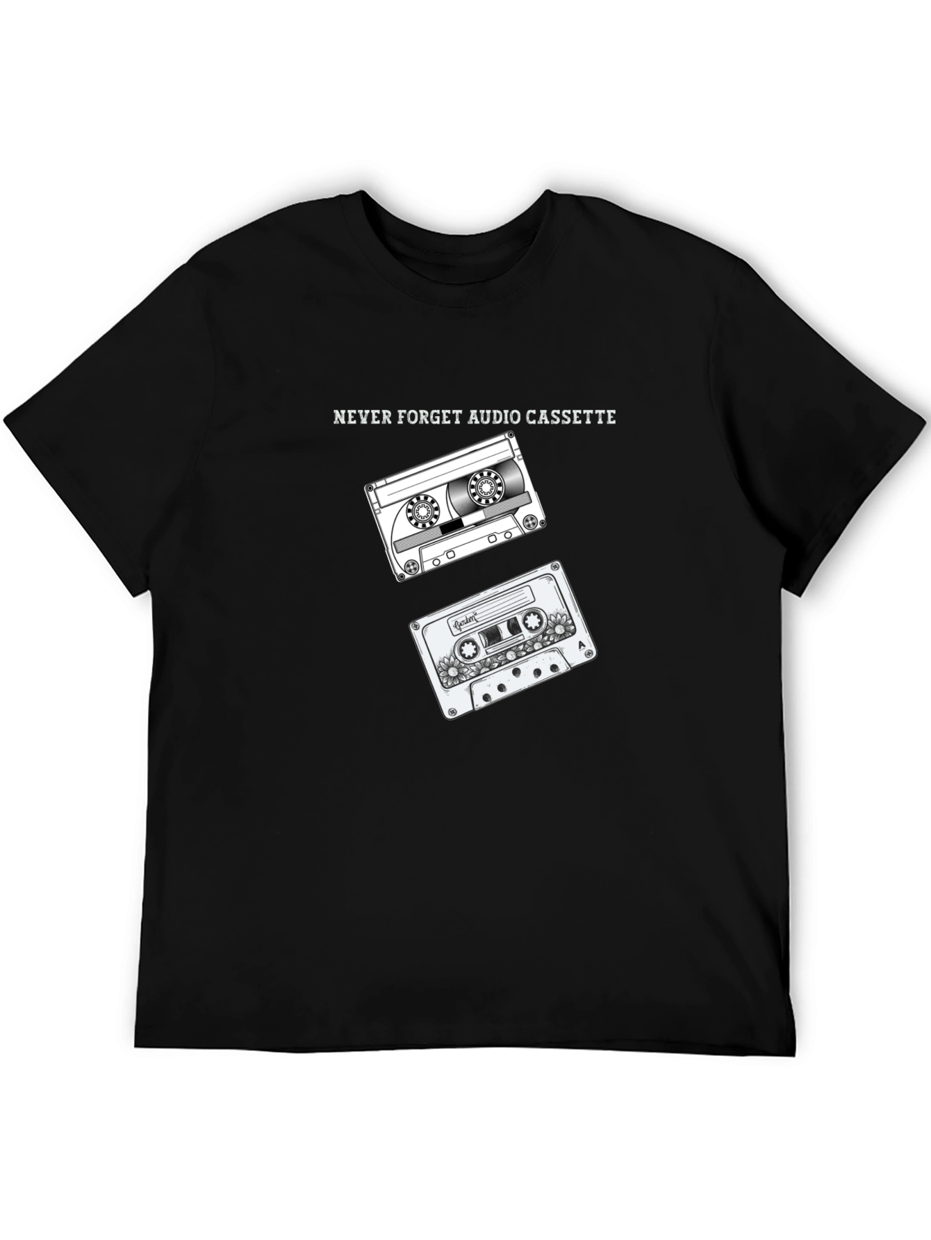Retro Audio Cassette Graphic Tee - Black Cotton T-Shirt