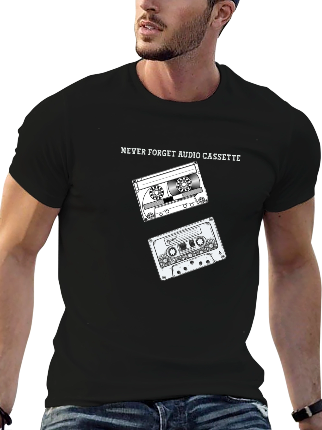 Retro Audio Cassette Graphic Tee - Black Cotton T-Shirt
