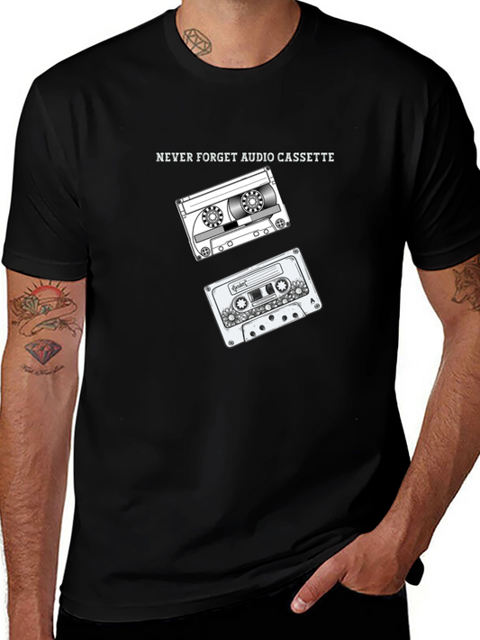 Retro Audio Cassette Graphic Tee - Black Cotton T-Shirt