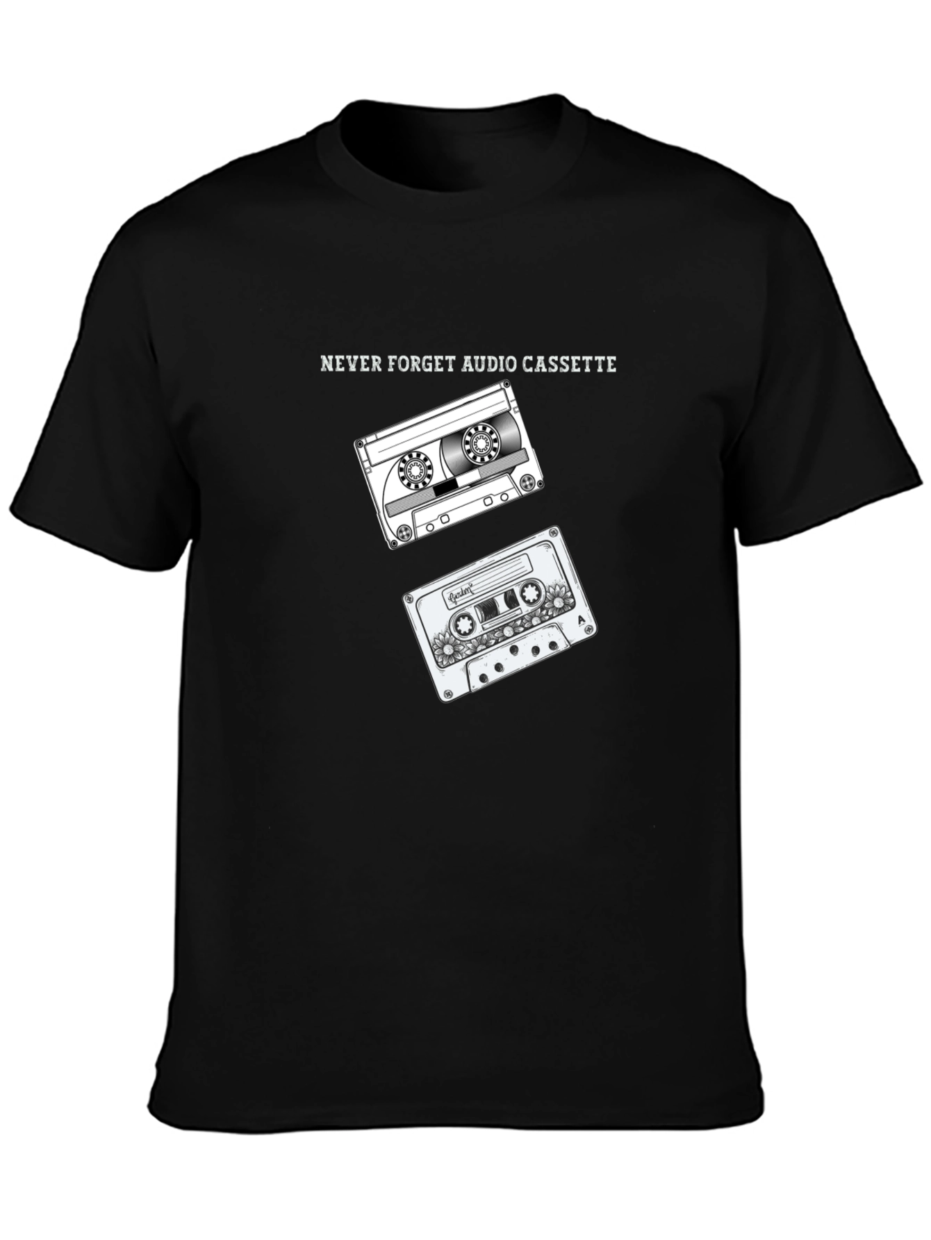 Retro Audio Cassette Graphic Tee - Black Cotton T-Shirt