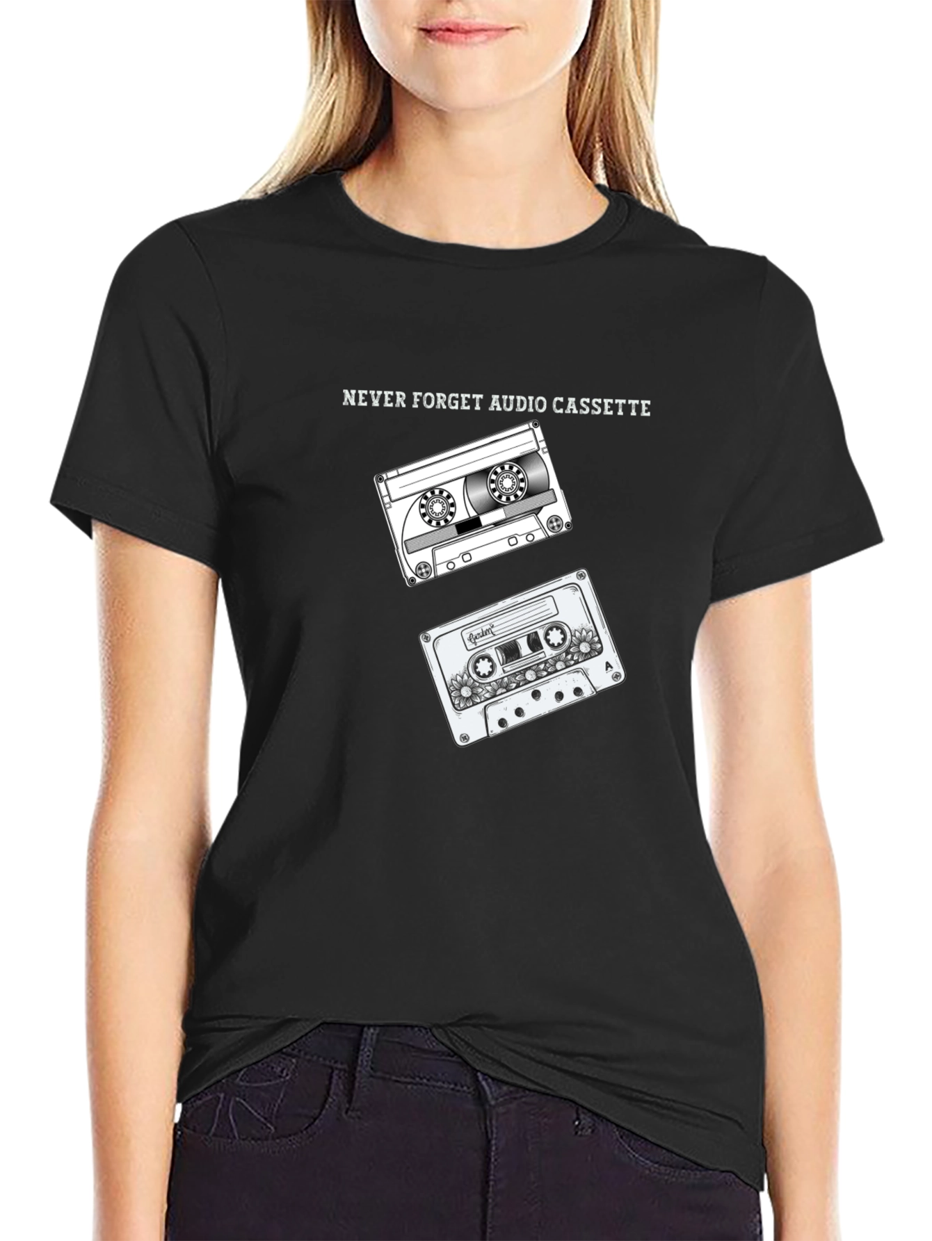 Retro Audio Cassette Graphic Tee - Black Cotton T-Shirt