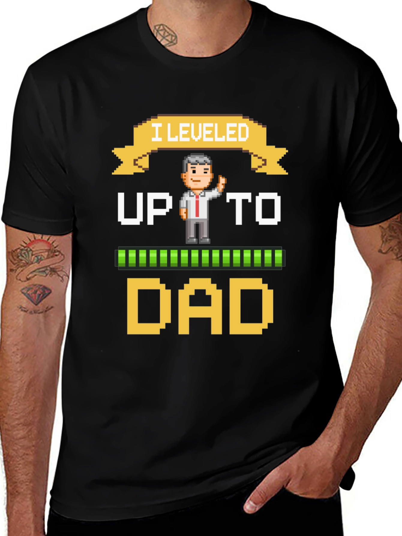 I Leveled Up To Dad Pixel Art Black T-Shirt