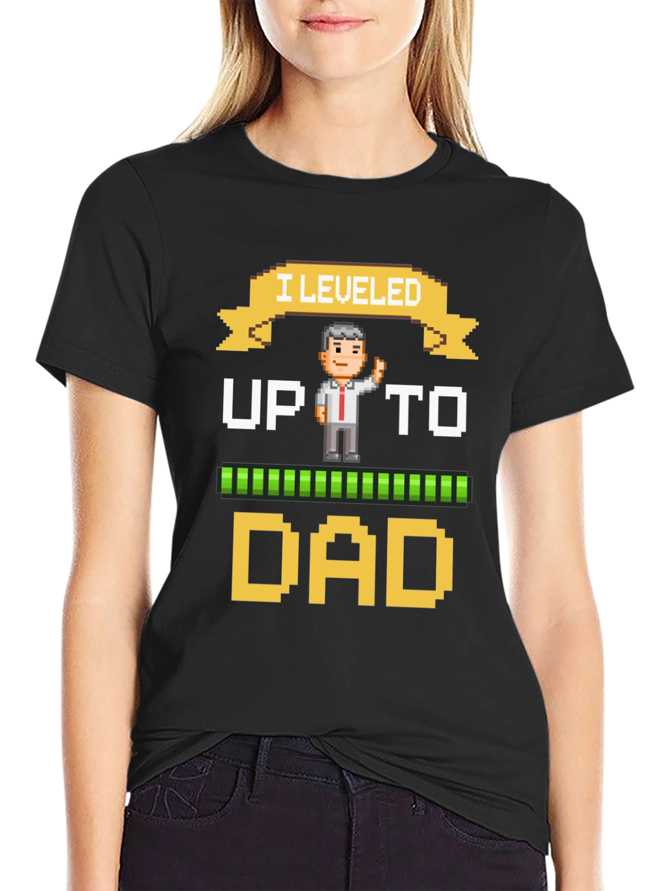 I Leveled Up To Dad Pixel Art Black T-Shirt
