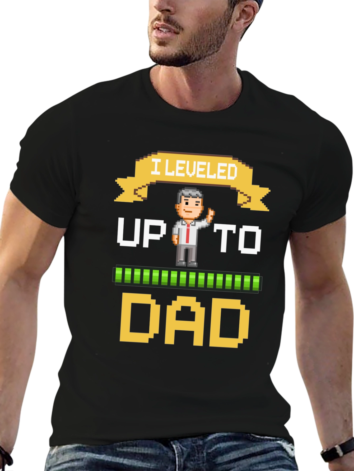 I Leveled Up To Dad Pixel Art Black T-Shirt