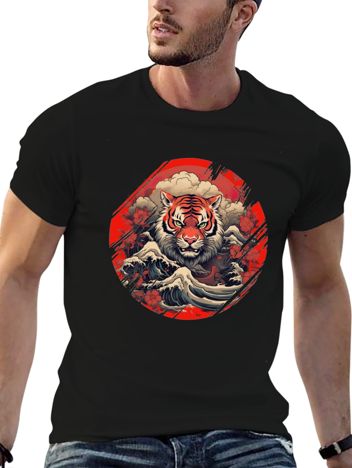 Tiger Wave Graphic Tee - Stylish Mens Black T-Shirt