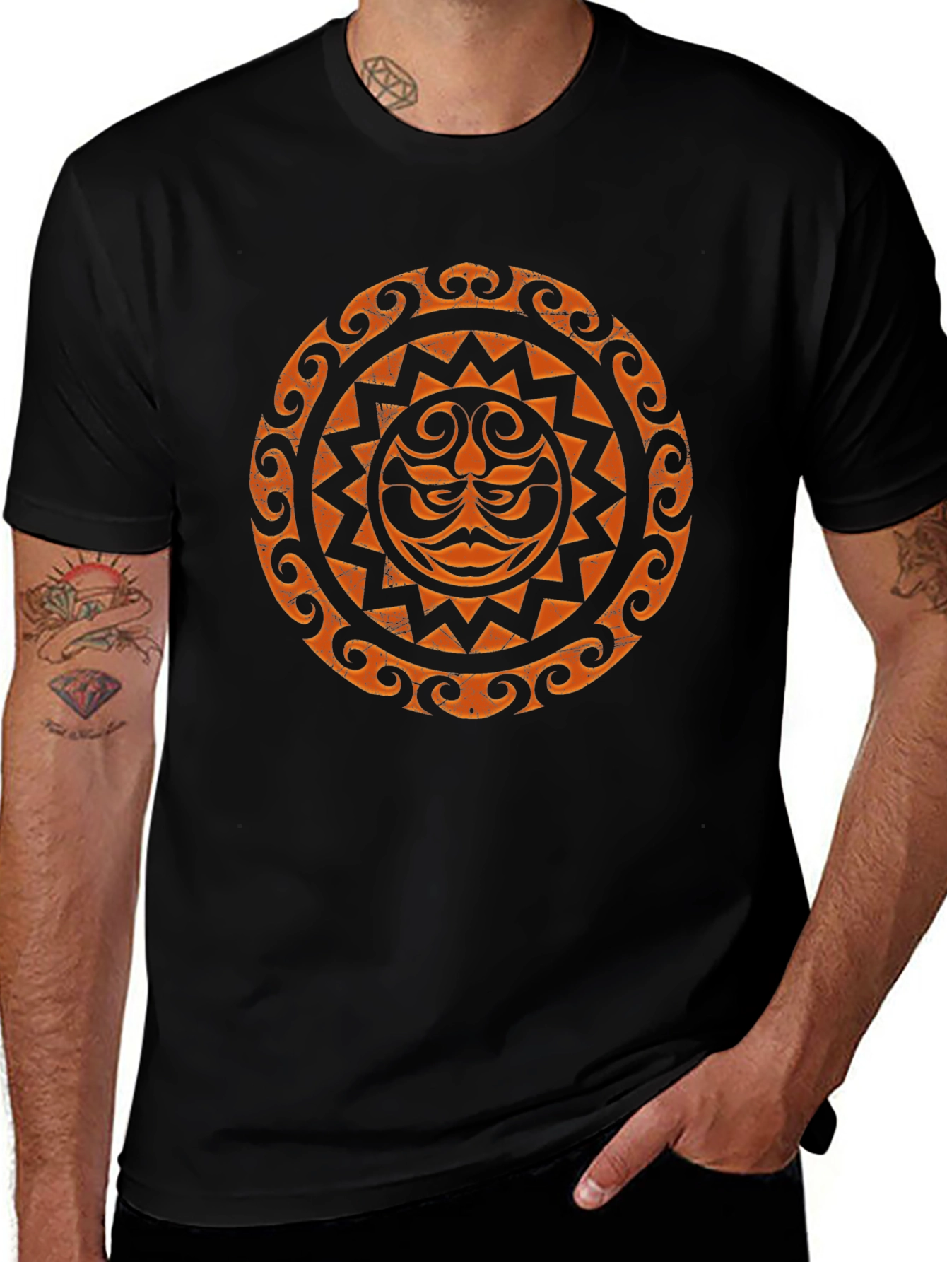 Tribal Sun Graphic Tee - Black Cotton