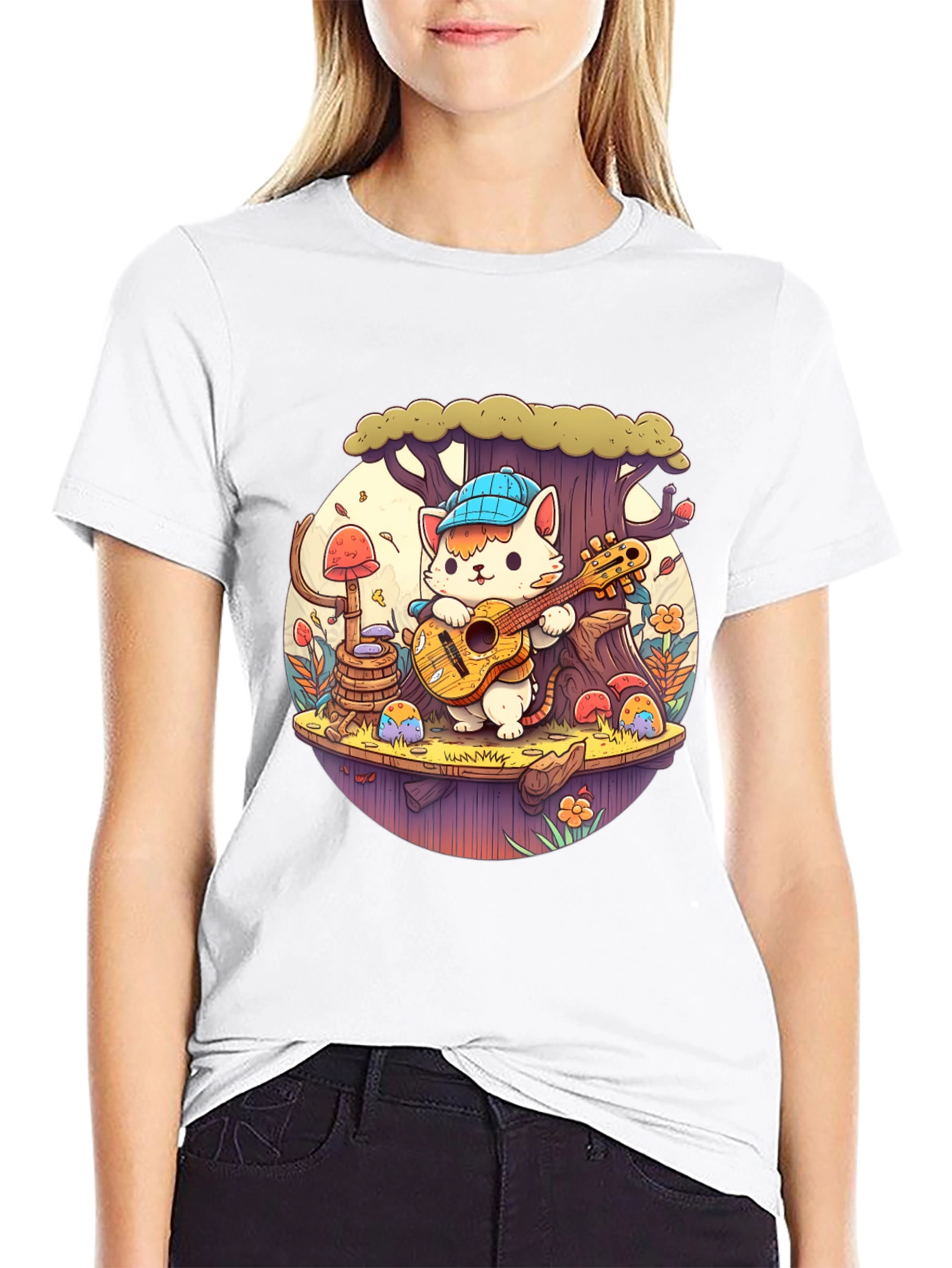 Cute Cartoon Cat Playing Guitar Black T-Shirt