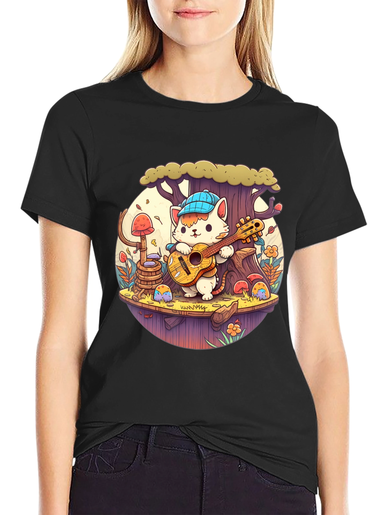 Cute Cartoon Cat Playing Guitar Black T-Shirt