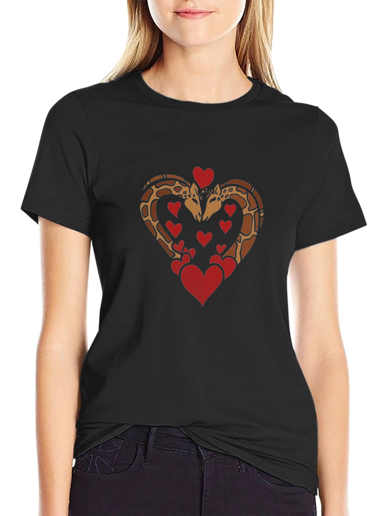 Giraffe Love Heart Graphic Tee - Black