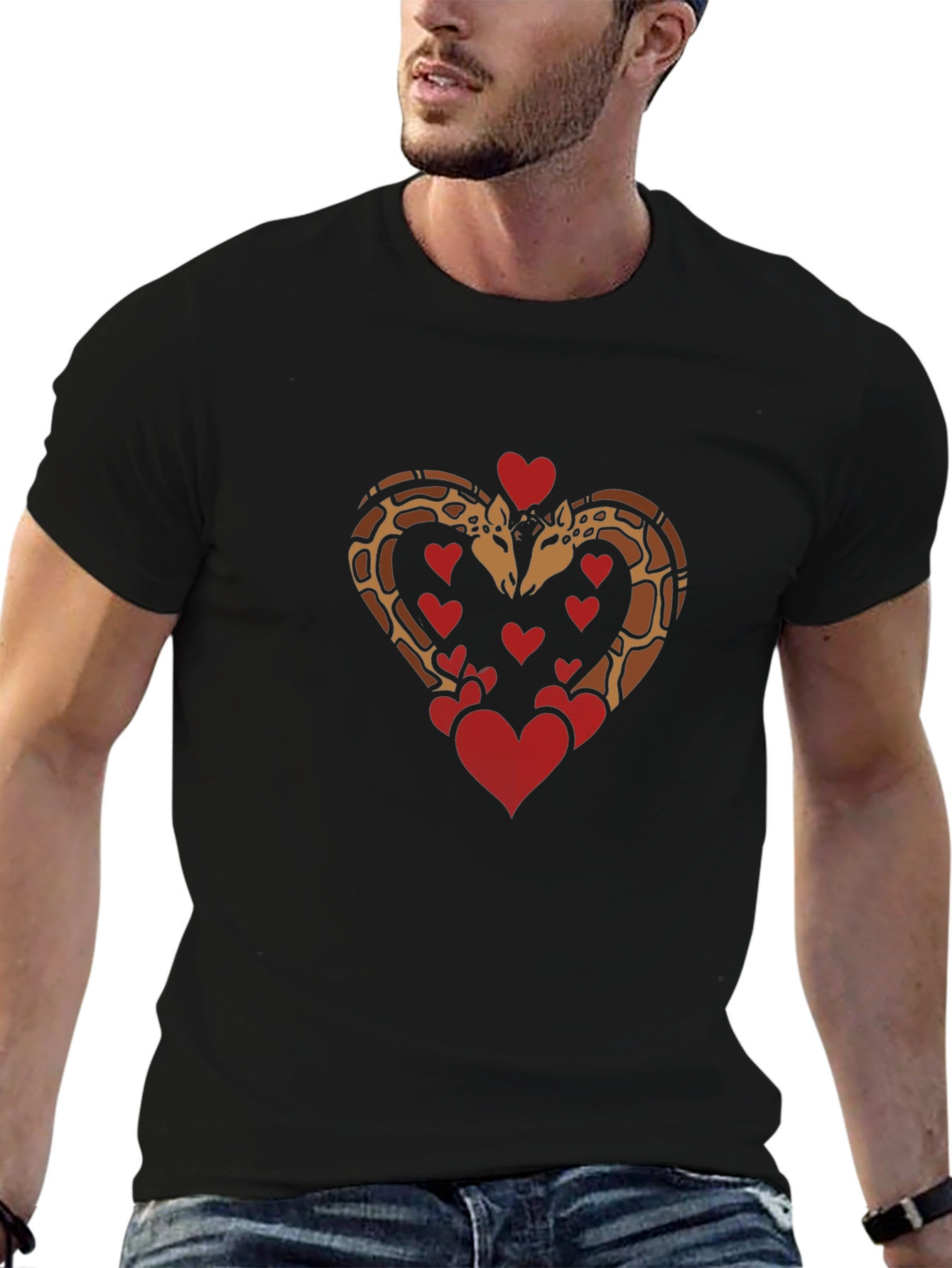 Giraffe Love Heart Graphic Tee - Black