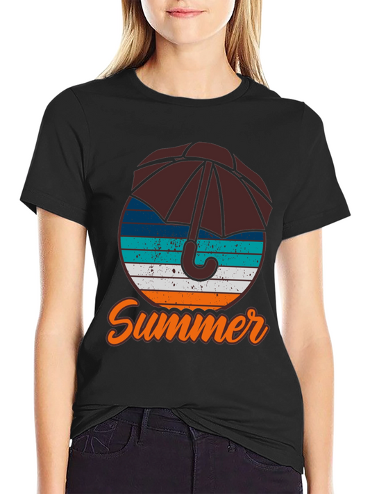 Summer Umbrella Graphic Tee - Casual Short Sleeve T-Shirt