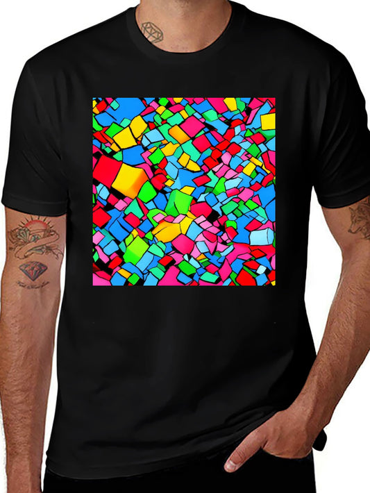 Geometric Colorful Block Pattern Black T-Shirt