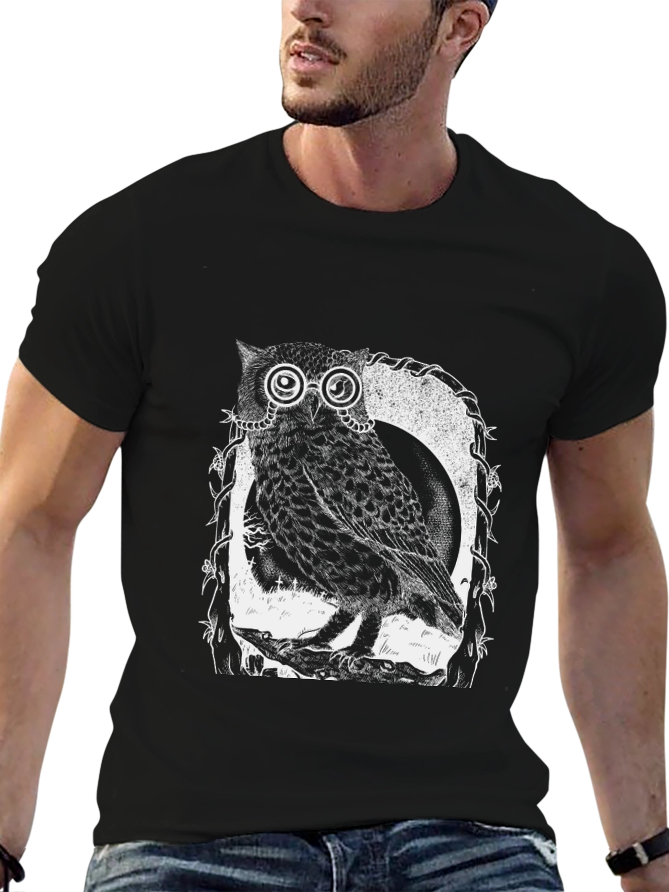 Owl With Glasses Graphic Tee - Black