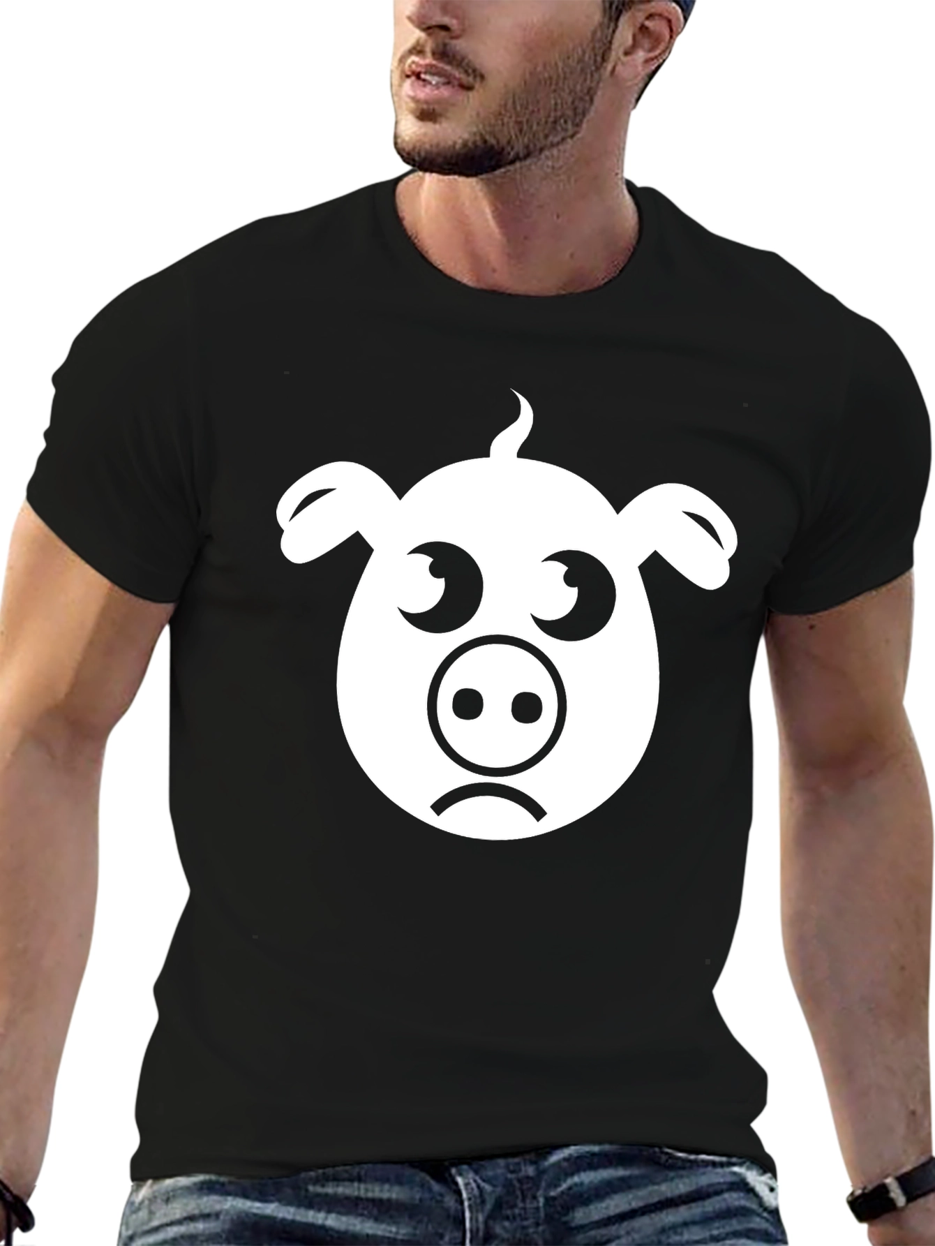 Sad Pig Face Graphic Tee - Casual Black T-Shirt