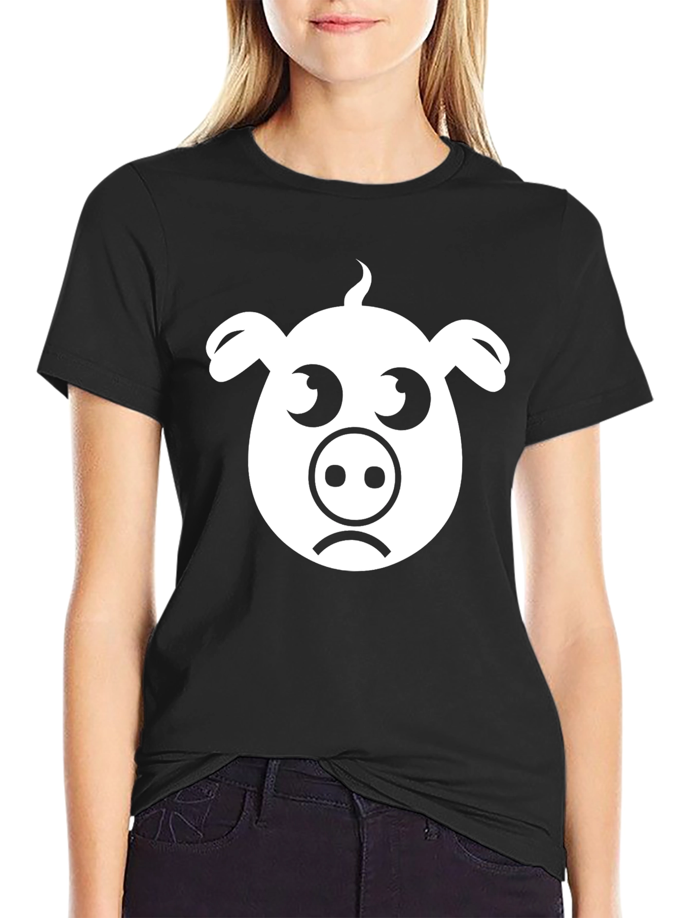 Sad Pig Face Graphic Tee - Casual Black T-Shirt