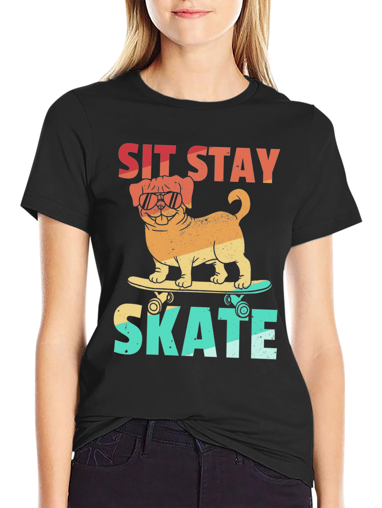 Sit Stay Skate T-Shirt - Dog on Skateboard Tee