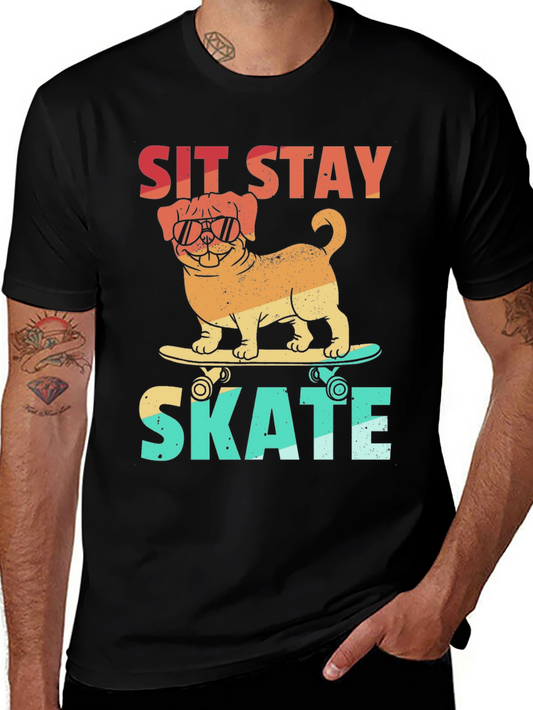 Sit Stay Skate T-Shirt - Dog on Skateboard Tee