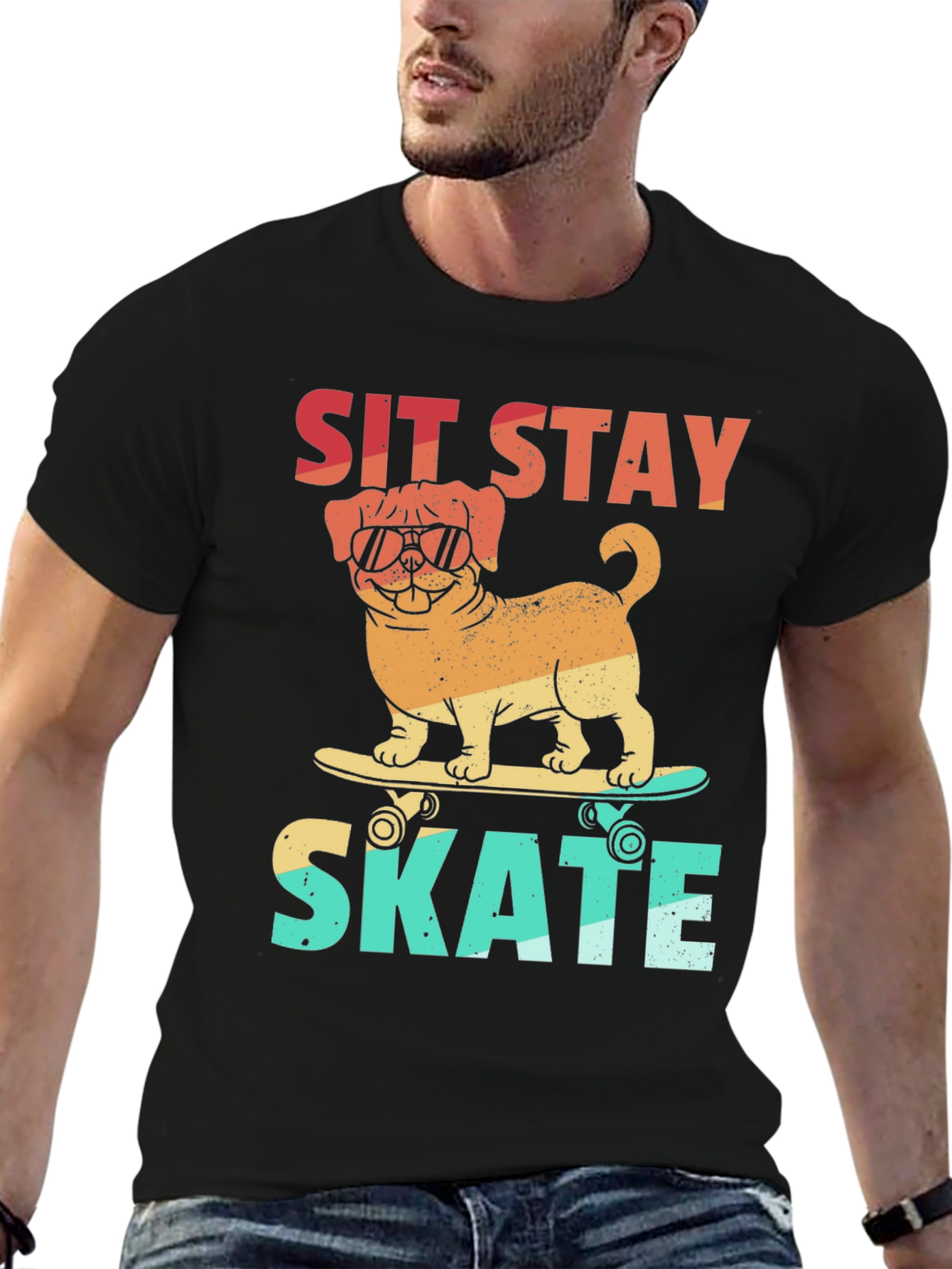 Sit Stay Skate T-Shirt - Dog on Skateboard Tee