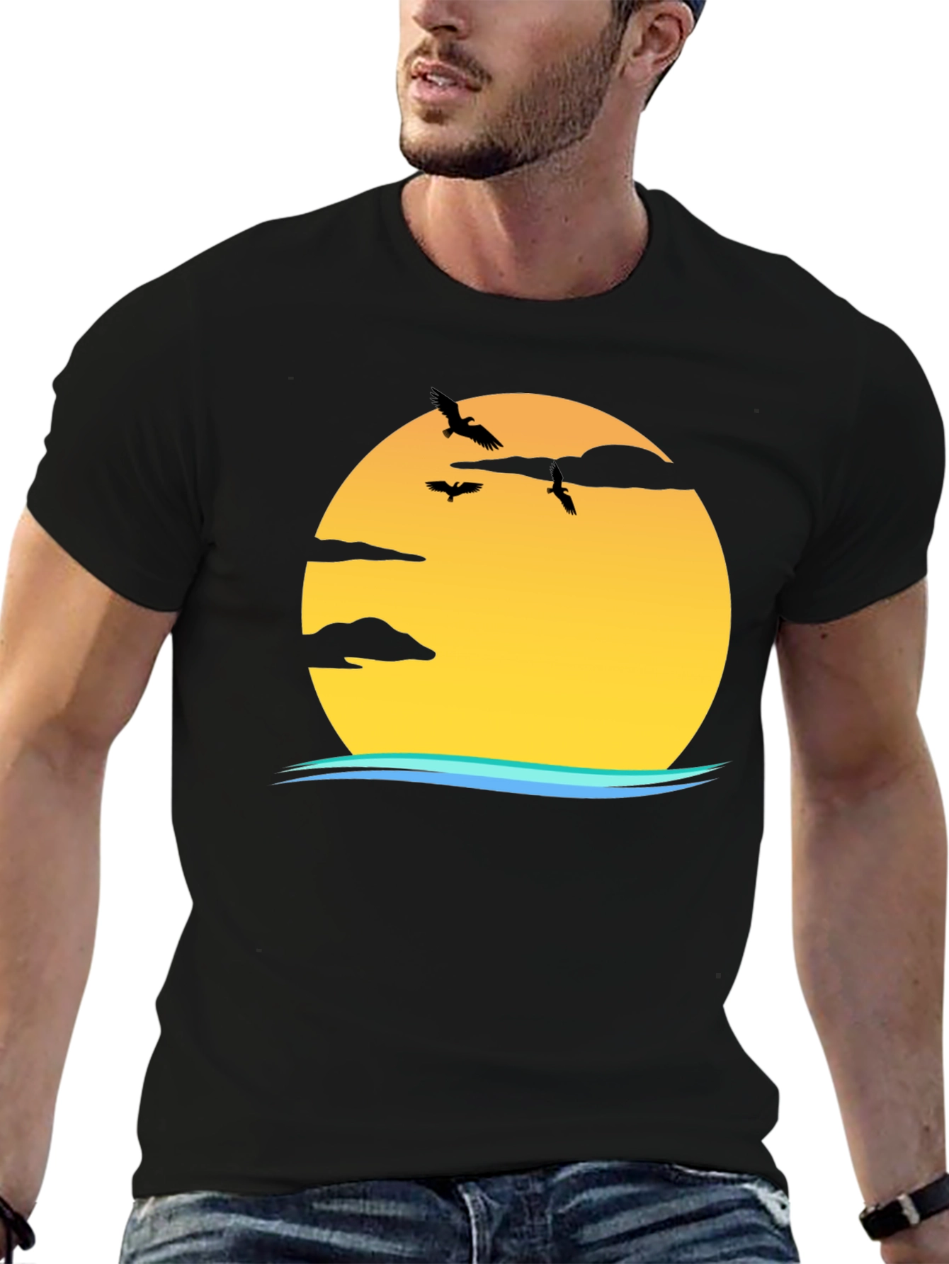 Sunset Birds Graphic Black T-Shirt