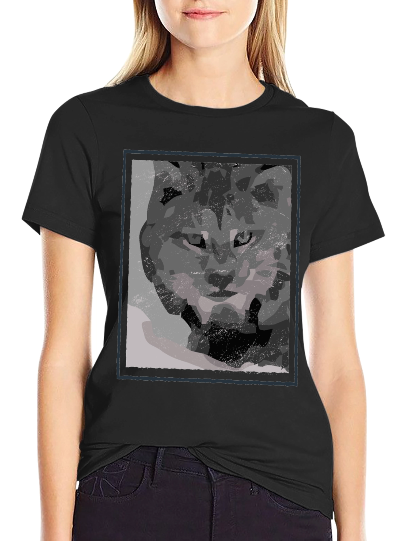 Abstract Wolf Graphic Print Black T-Shirt