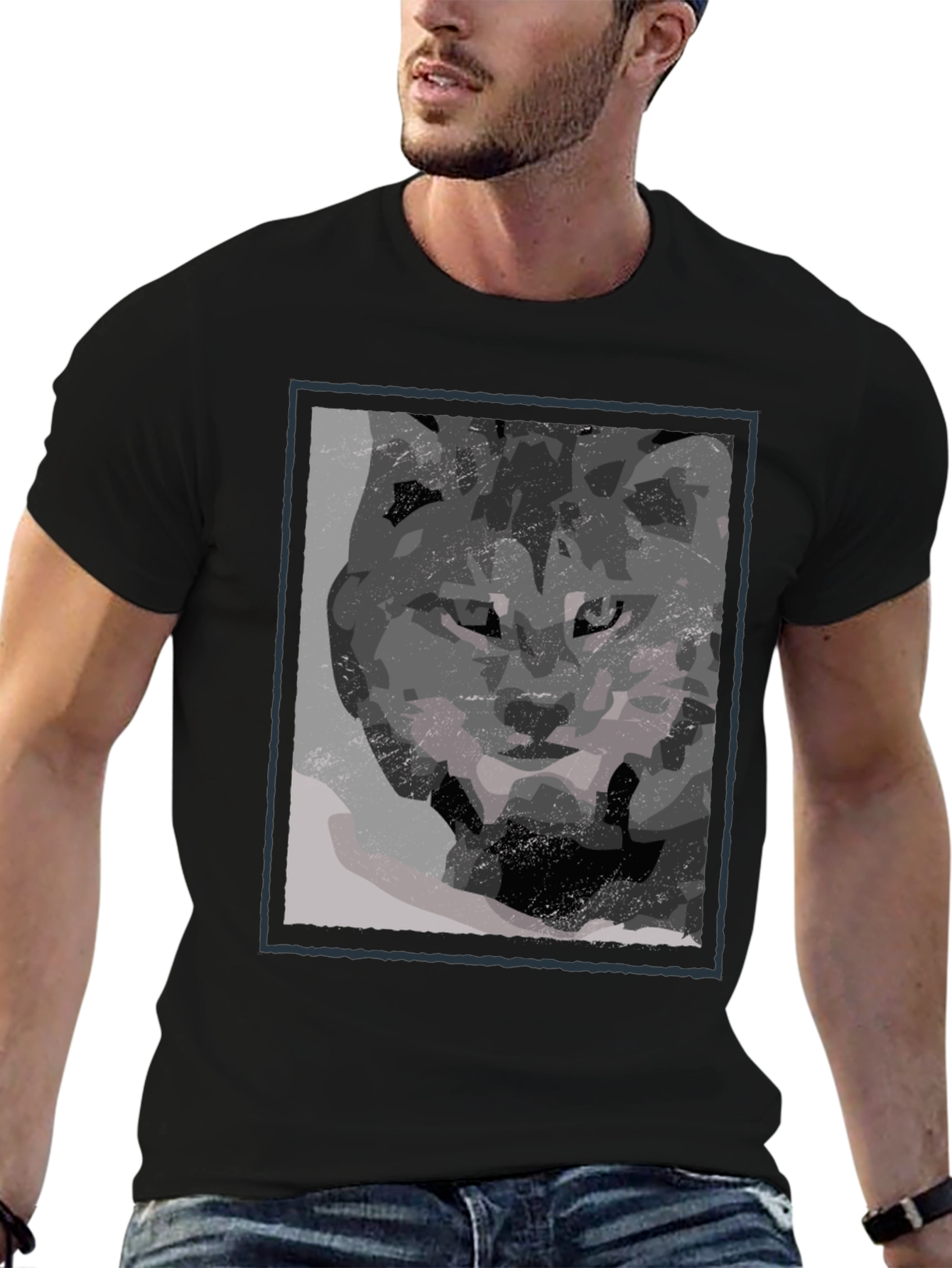 Abstract Wolf Graphic Print Black T-Shirt