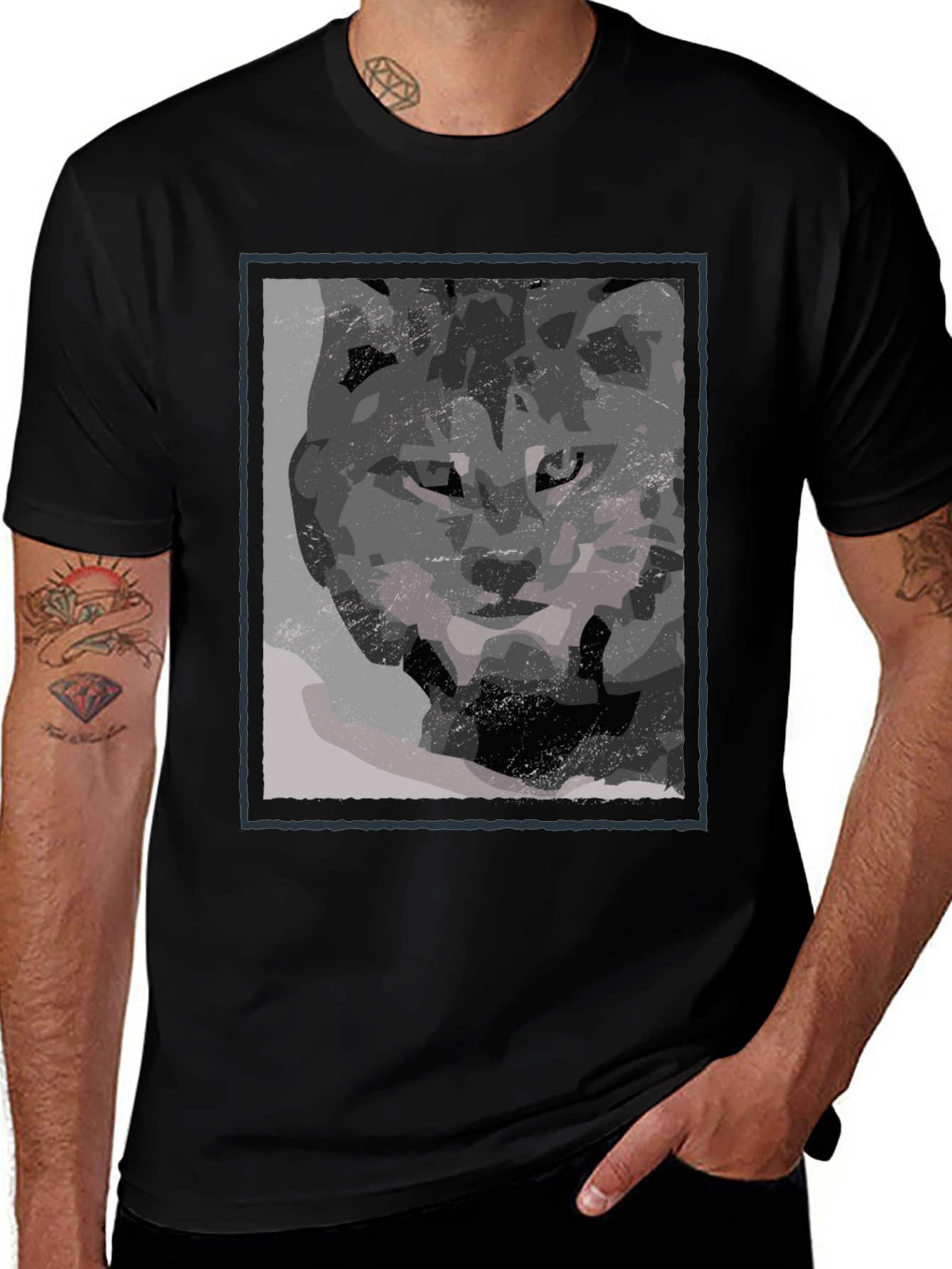 Abstract Wolf Graphic Print Black T-Shirt