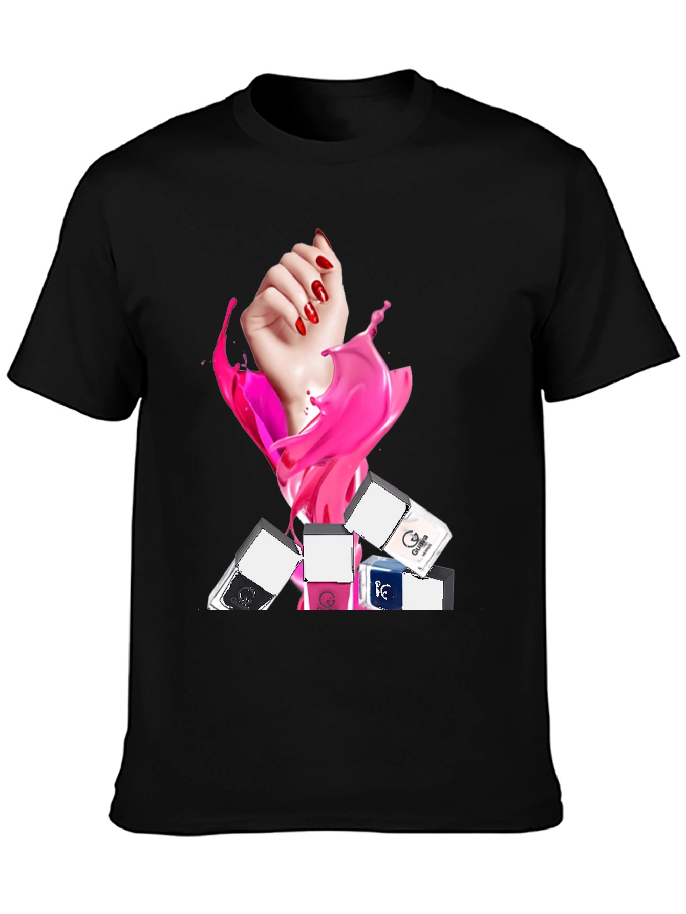 Stylish Black T-Shirt with Nail Polish Design